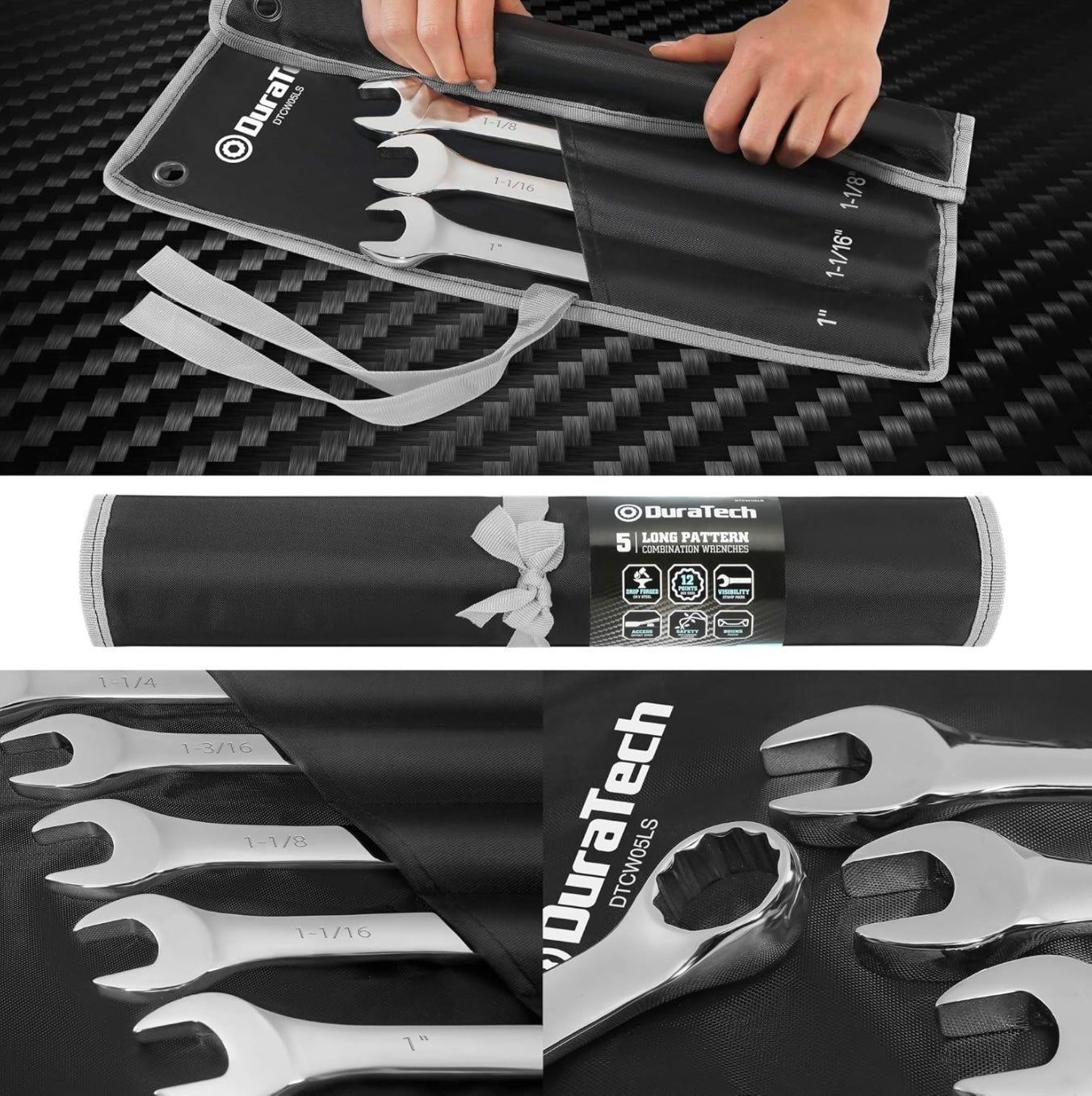 DURATECH 5PC Long Pattern Combination Wrench Set, SAE, 1" to 1-1/4", 12 Point, w/ Rolling Pouch