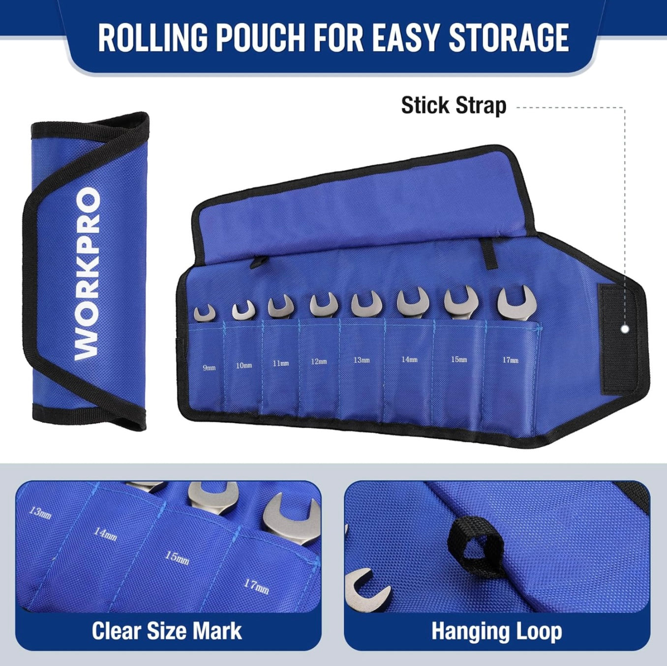 WORKPRO 8PC Flex Head Stubby Ratcheting Combination Wrench Set, Metric 9, 10, 11, 12, 13, 14, 15, 17 mm, w/ Rolling Pouch