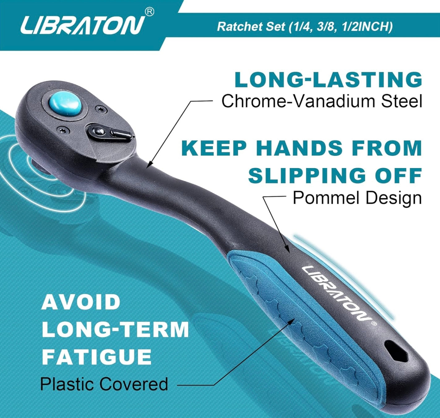 LIBRATON 3PC Heavy Duty Drive Ratchet Socket Wrench Set with Quick-Release Head, 72 Teeth, Reversible Design, Comfort Grip - 1/4”, 3/8”, 1/2”