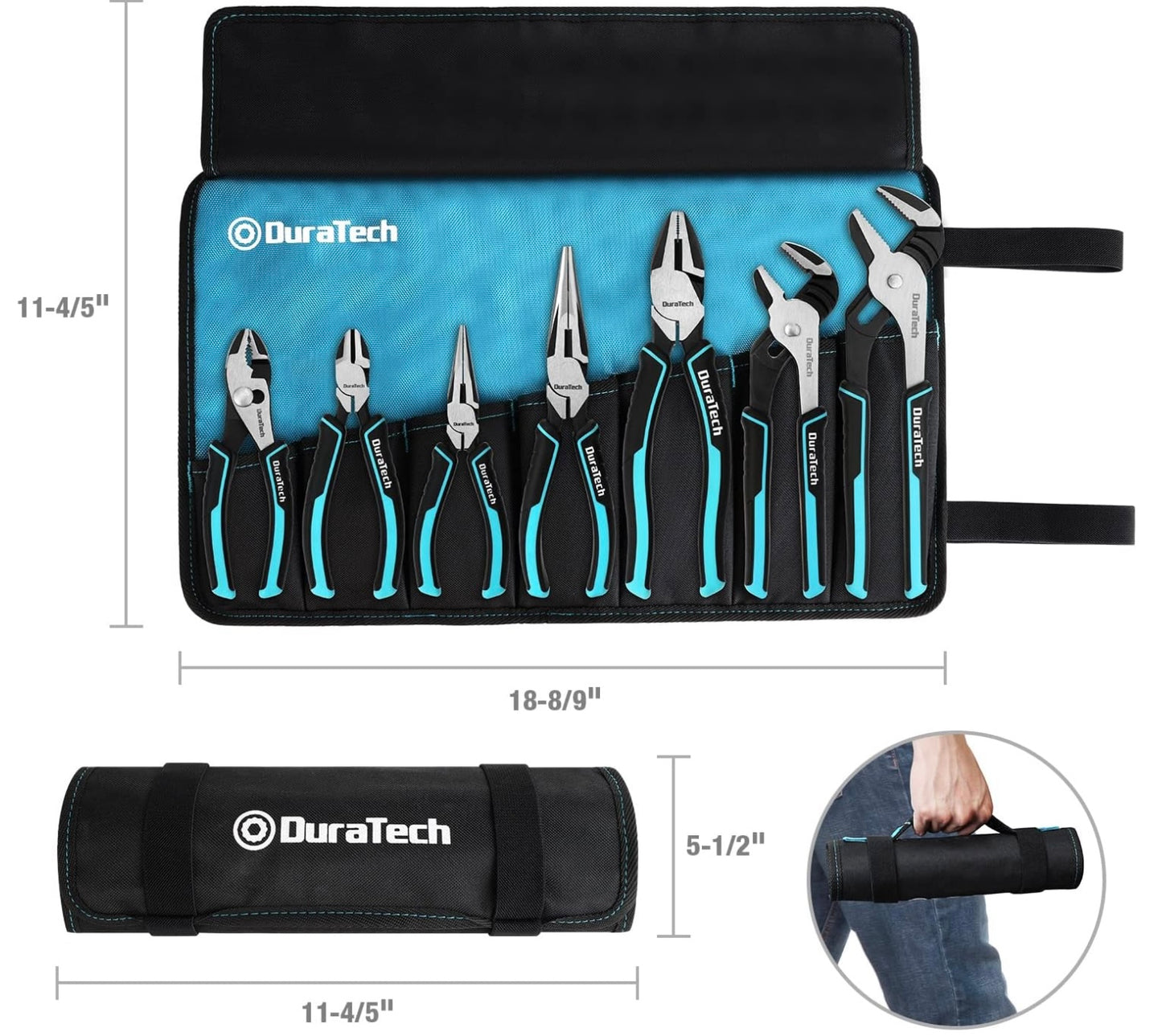 DURATECH 7PC Pliers Set w/ Rolling Pouch, 8”/10” Groove Joint Pliers, 6”/8” Long Needle Nose, 8" Linesman, 6" Slip Joint, 6" Diagonal
