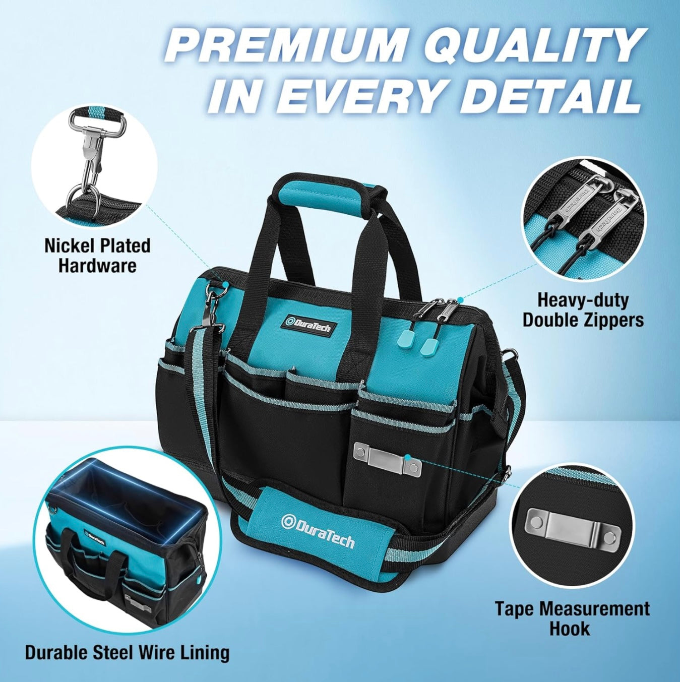 DURATECH 16” Heavy Duty Tool Bag w/ 18 Pockets, Waterproof Hard Bottom