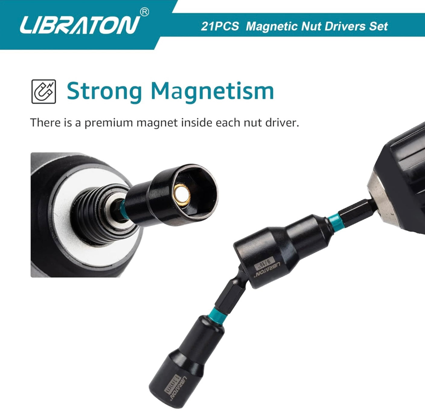 Libraton 21PCS 1/4” Magnetic Nut Driver Set - Metric and SAE w/ Impact Socket Adapters, Bit Holder, Quick-Release Extensions, Storage Bag