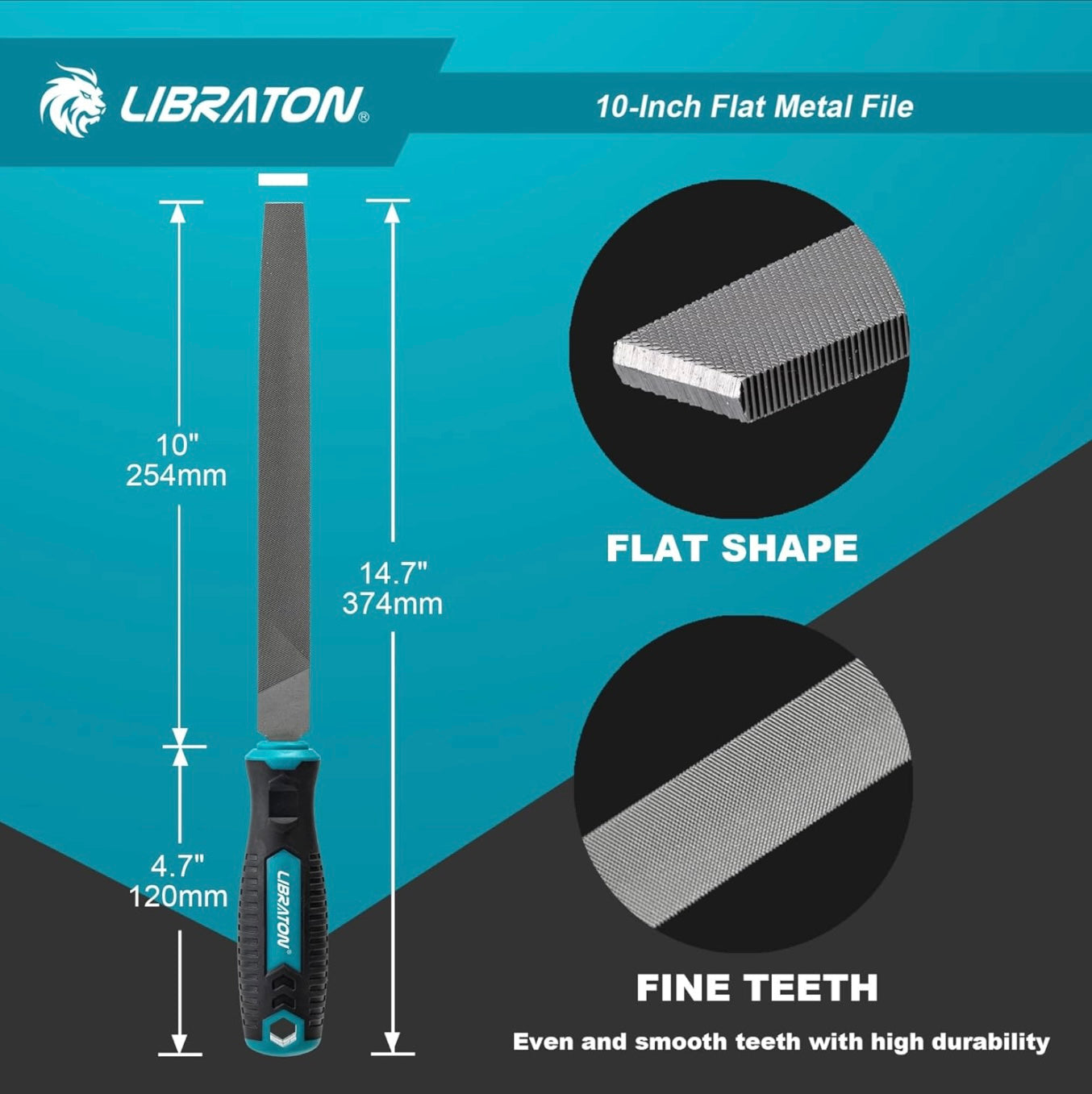 LIBRATON 10” Flat Metal File w/ Ergonomic Handle