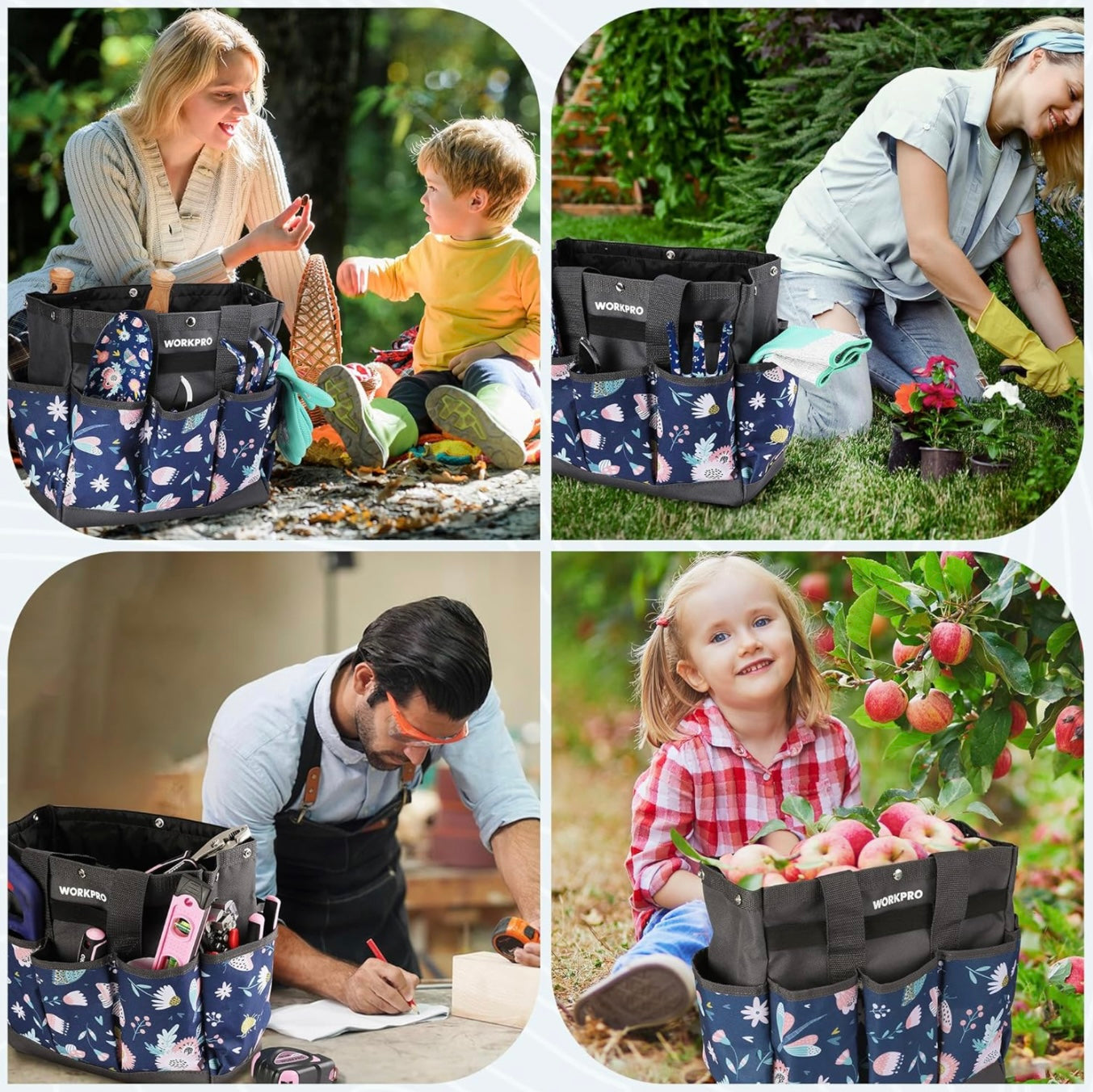 WORKPRO Garden Tool Bag, 9-Pocket Heavy Duty Oxford Tote Bag, Gardening Tool Kit Holder, 12" x 12" x 6" (Blue Insects)