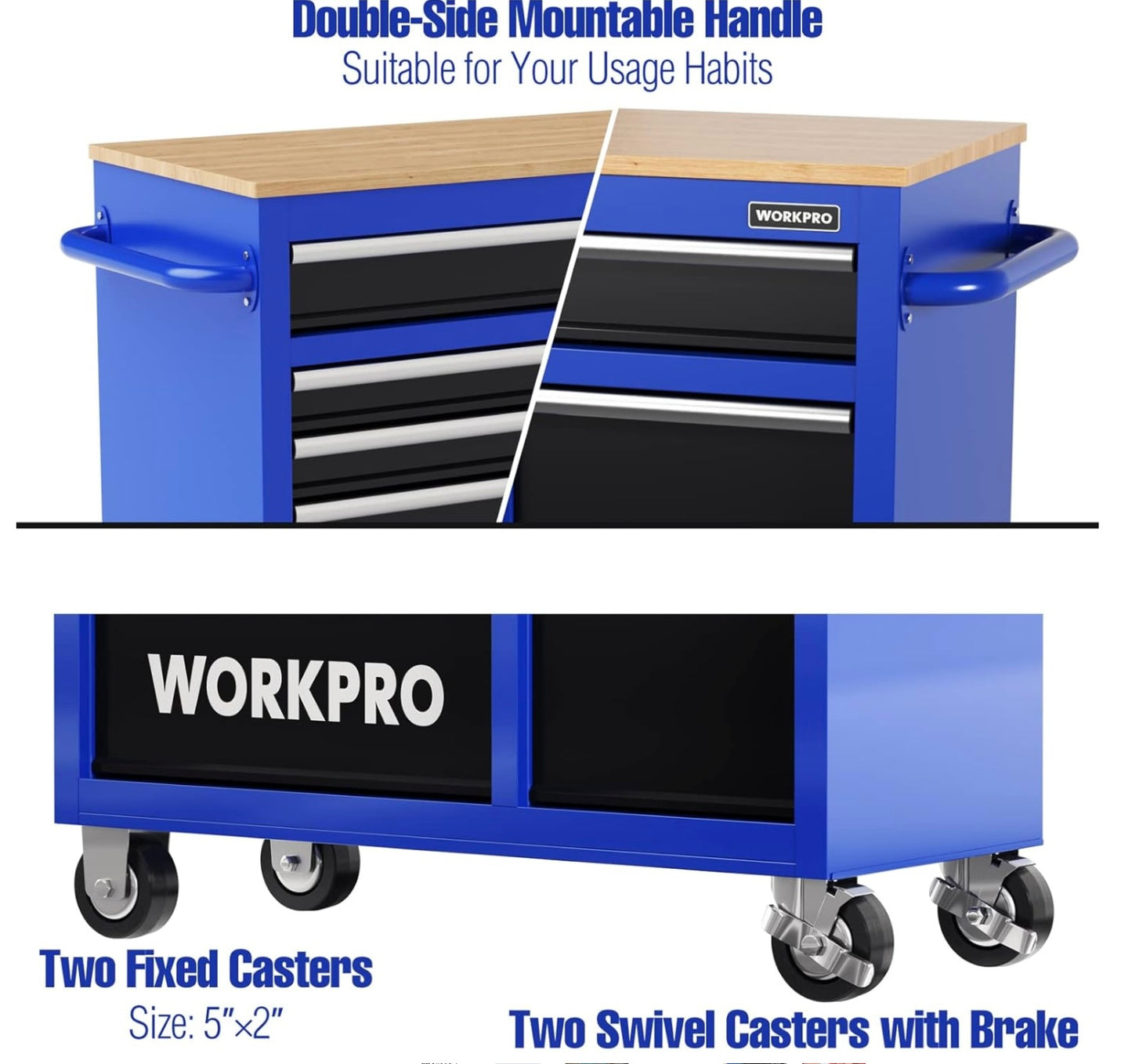 WORKPRO 42” 7-Drawers Rolling Tool Chest w/ Wooden Top, Casters, Handle, Drawer Liner, and Locking System, 1000 lbs Load Capacity
