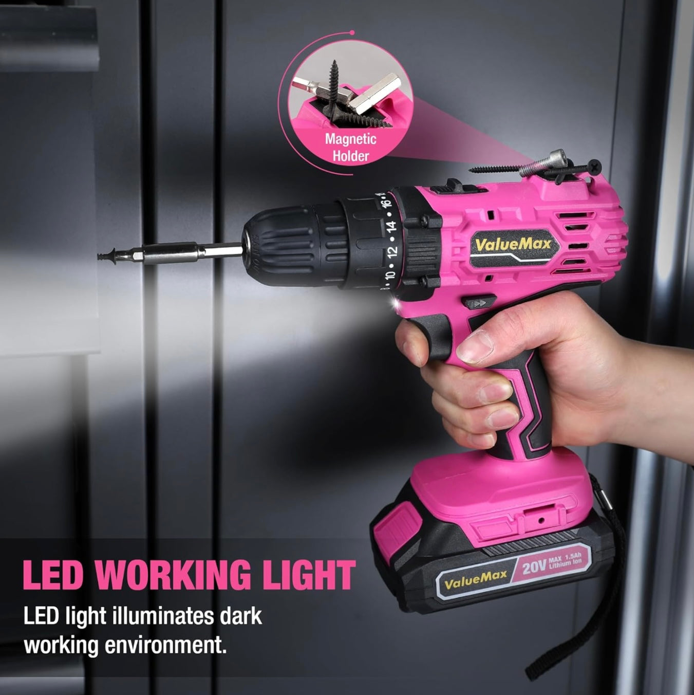 ValueMax 20V Pink Cordless Drill Set w/ Bits, LED Light, Magnetic Holder, 3/8-Inch Keyless Chuck, Battery, Charger