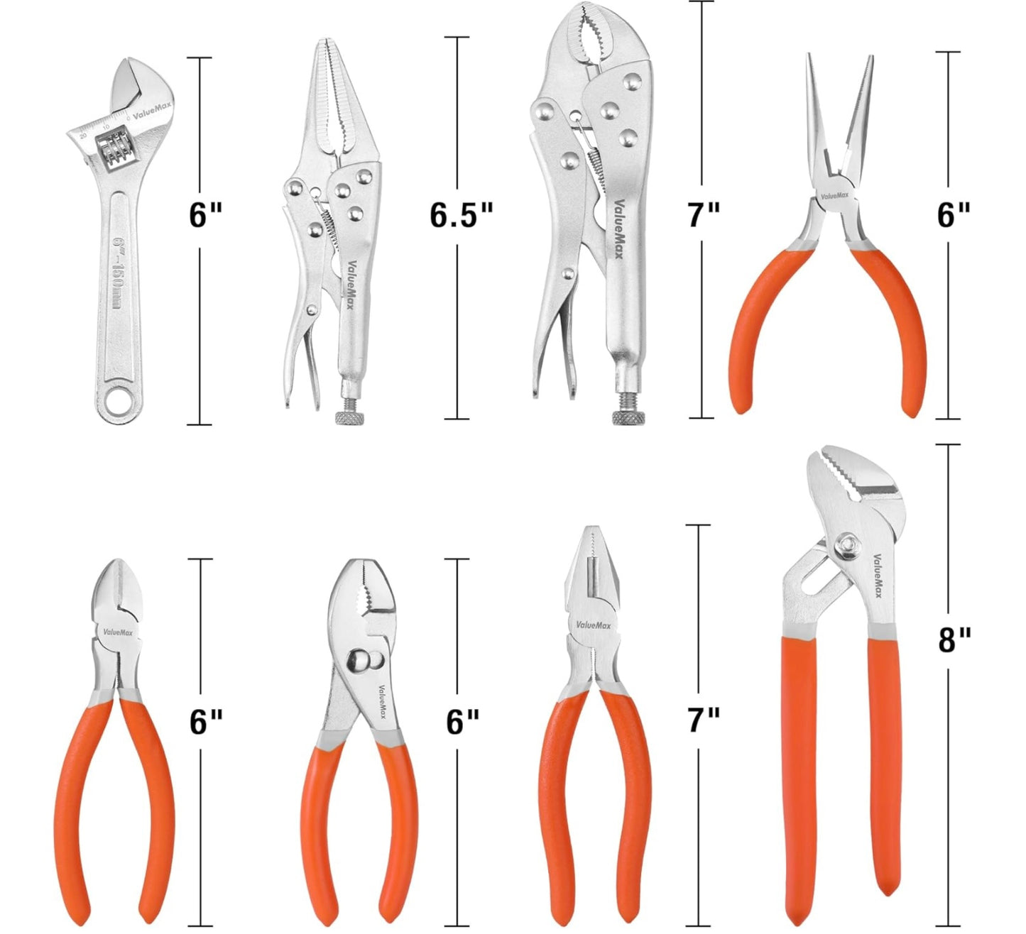 ValueMax 8PC Pliers & Wrench Set w/ Linesman, Locking, Needle Nose, Groove Joint, Slip Joint, Diagonal Pliers, Adjustable Wrench