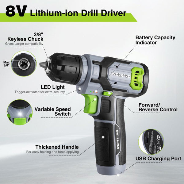 WORKPRO 8V Cordless Power Drill Set w/ Bit Set - 3/8" Keyless Chuck