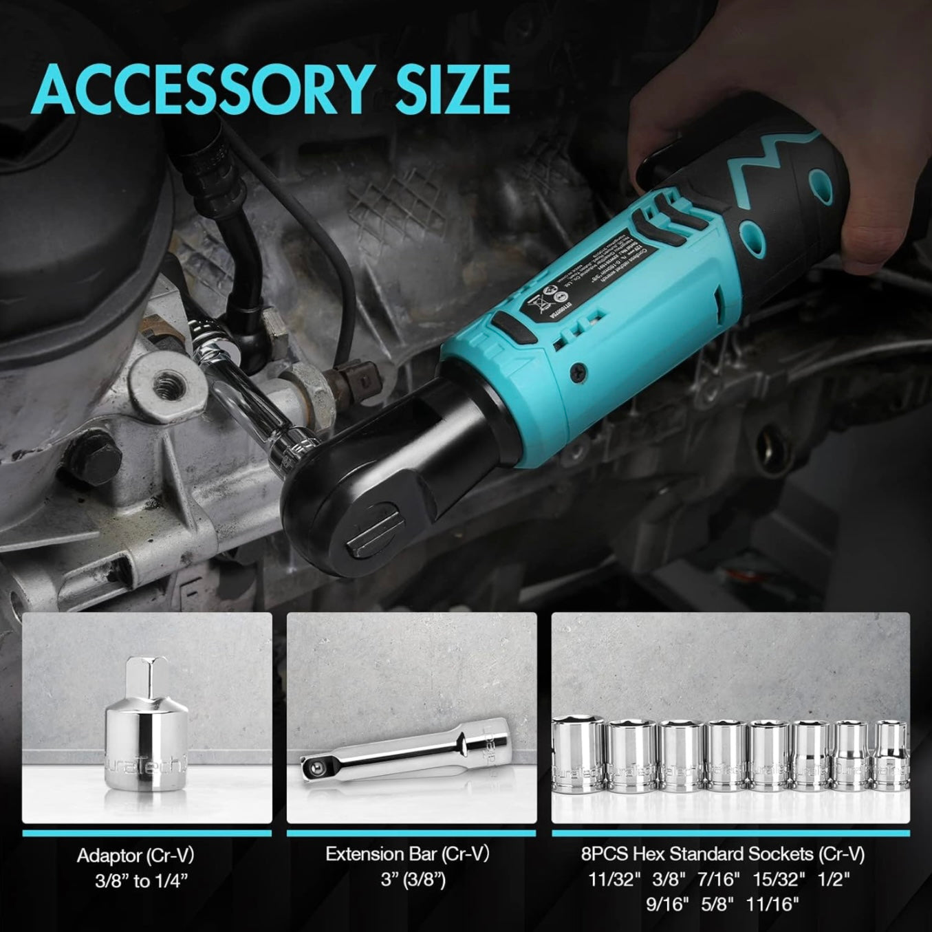 DURATECH 12V 3/8” Cordless Electric Ratchet Wrench Set w/ 2PCS 2.0Ah Li-Ion Battery, Fast Charger, 8PCS Sockets, Extension Bar, Adapter