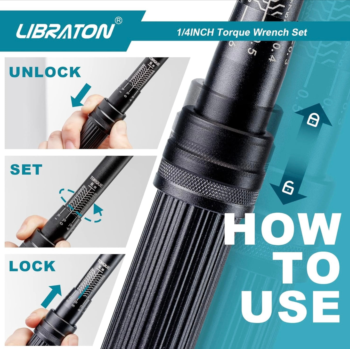 LIBRATON 14PC 1/4” Drive Click Torque Wrench Set, 5-25Nm w/ Hex, Torx, Star Bit Sockets, Extension Bar