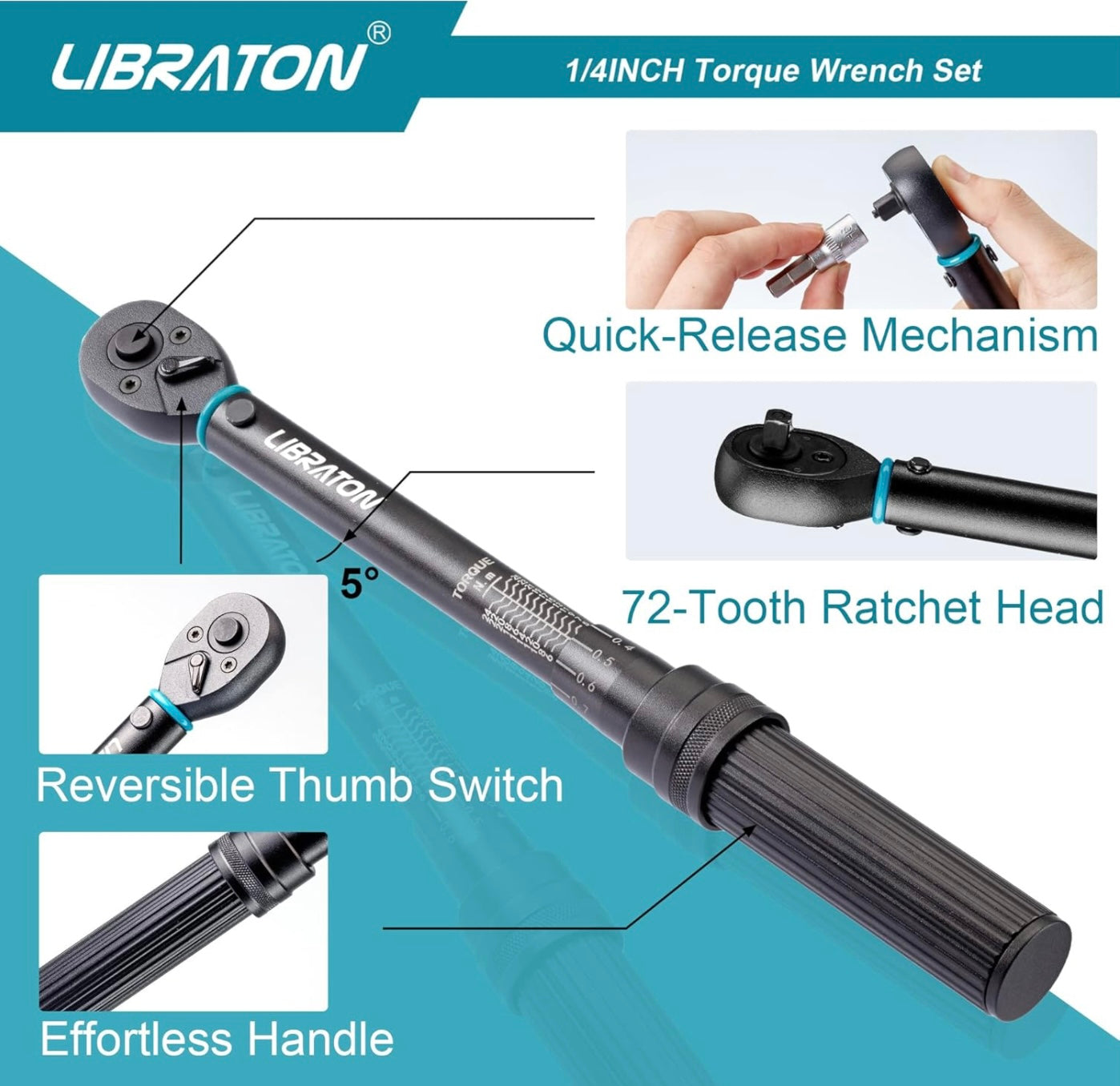 LIBRATON 14PC 1/4” Drive Click Torque Wrench Set, 5-25Nm w/ Hex, Torx, Star Bit Sockets, Extension Bar