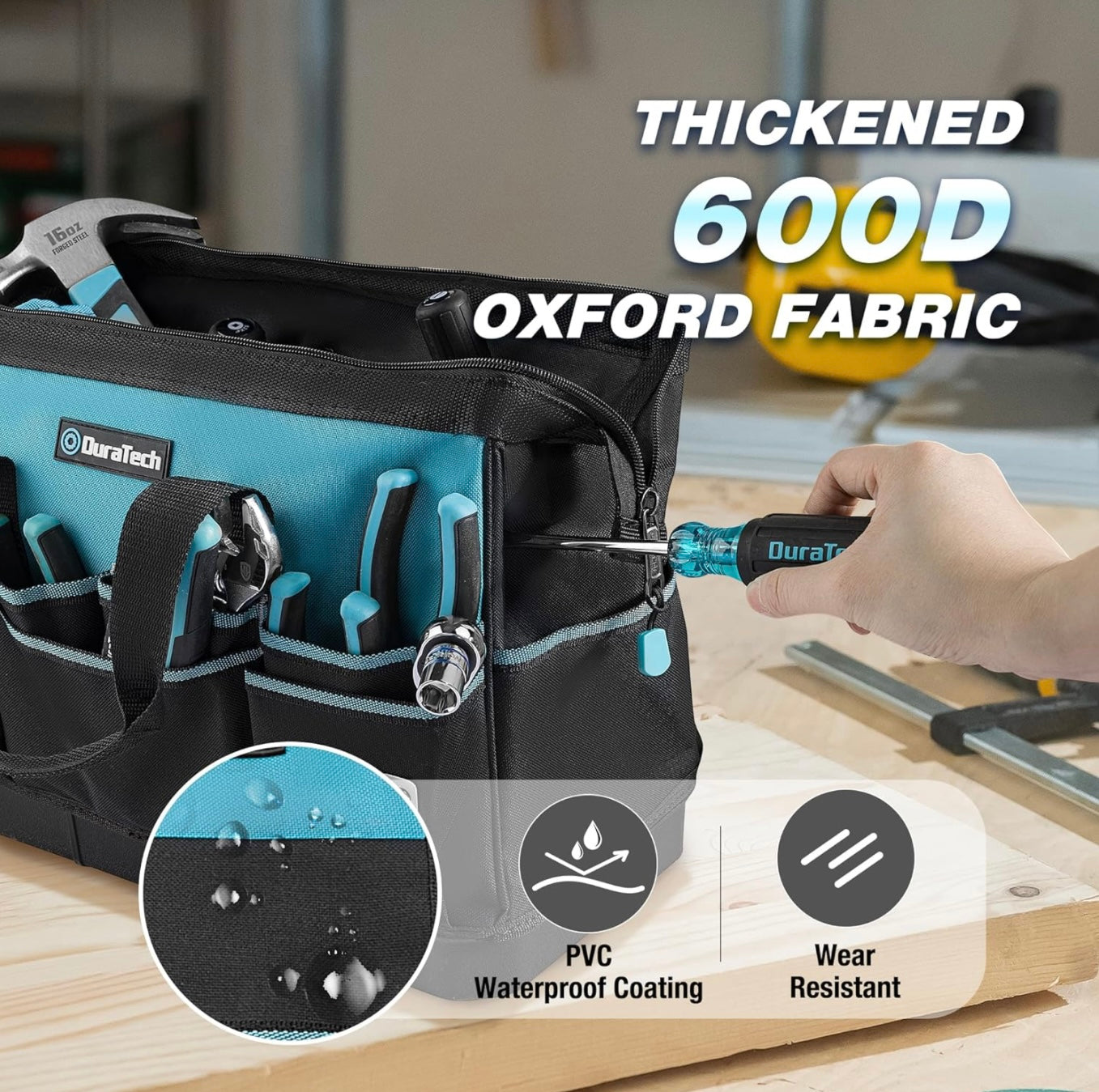 DURATECH 16” Heavy Duty Tool Bag w/ 18 Pockets, Waterproof Hard Bottom