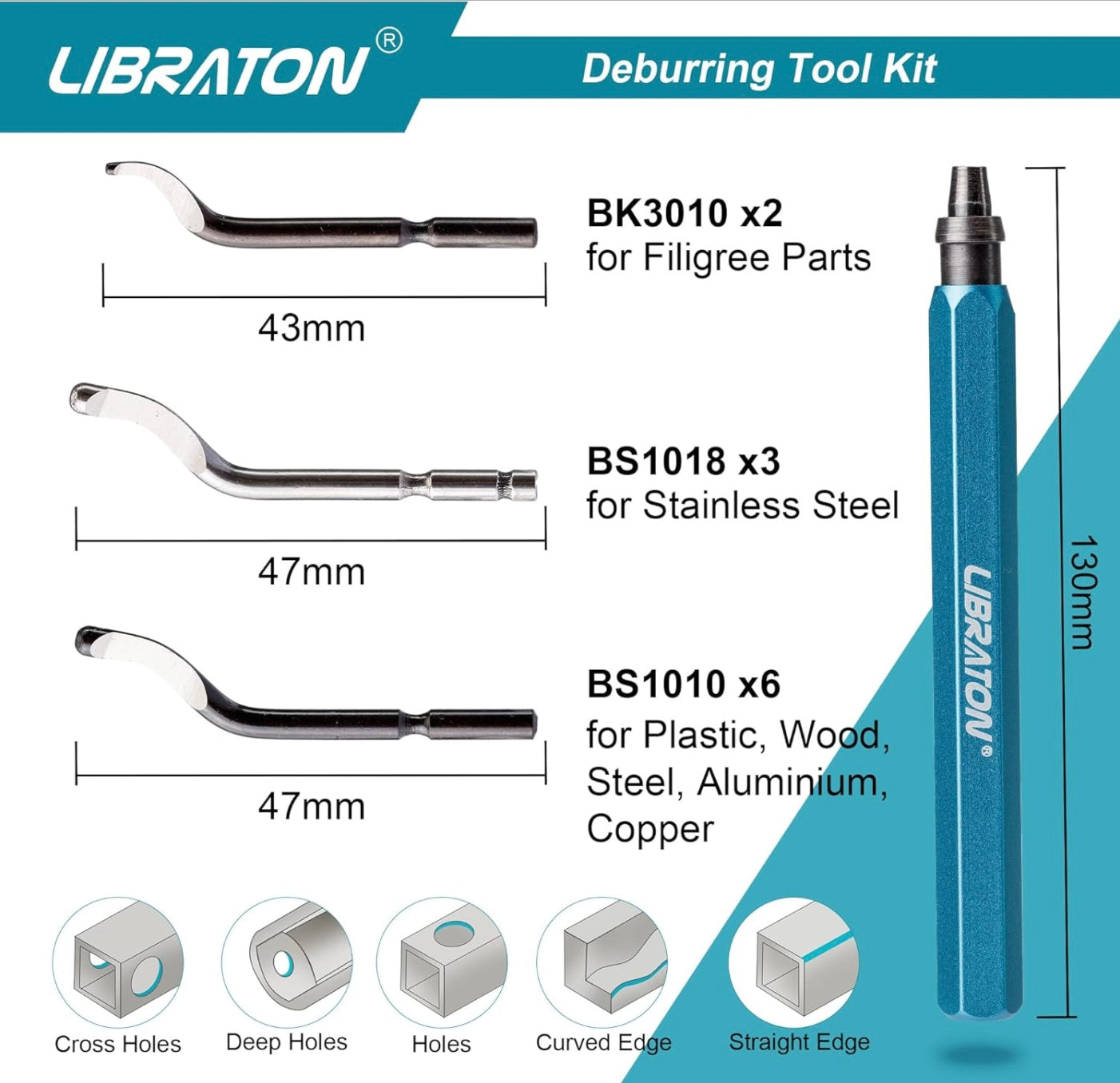 Libraton 12PC 360 Degree Rotary Head Deburring Tool w/ 11 High Speed Steel Blades