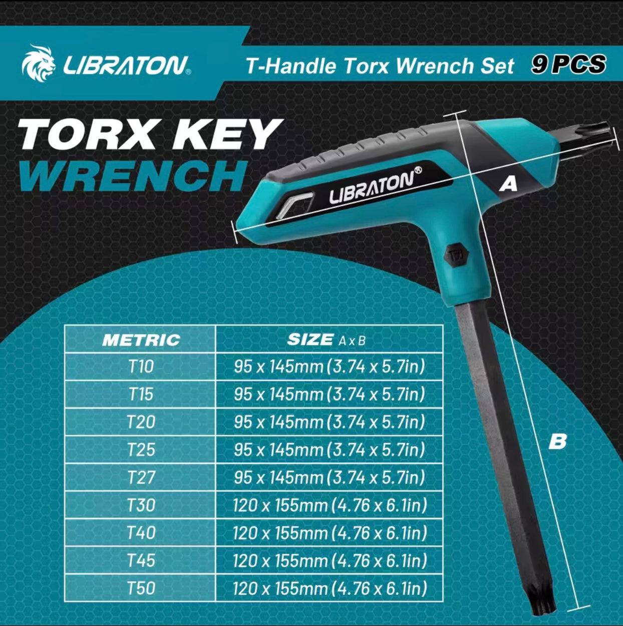 LIBRATON 9PC T-Handle Torx Wrench Set w/ Storage Rack, Two-Tip Design