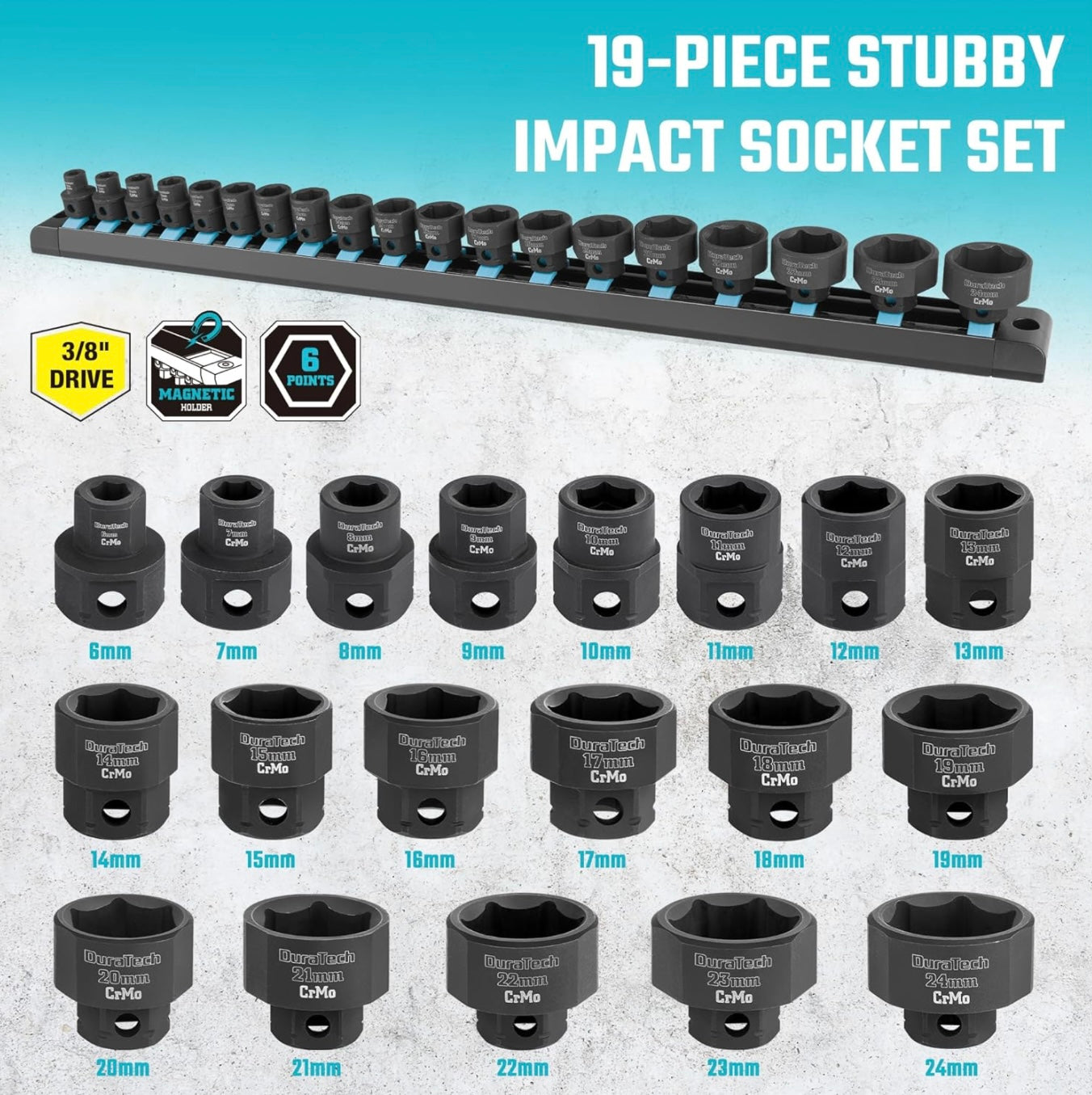 DURATECH 19PC 3/8" Drive Stubby Impact Socket Set, Metric 6-24mm, w/ Magnetic Storage Rail