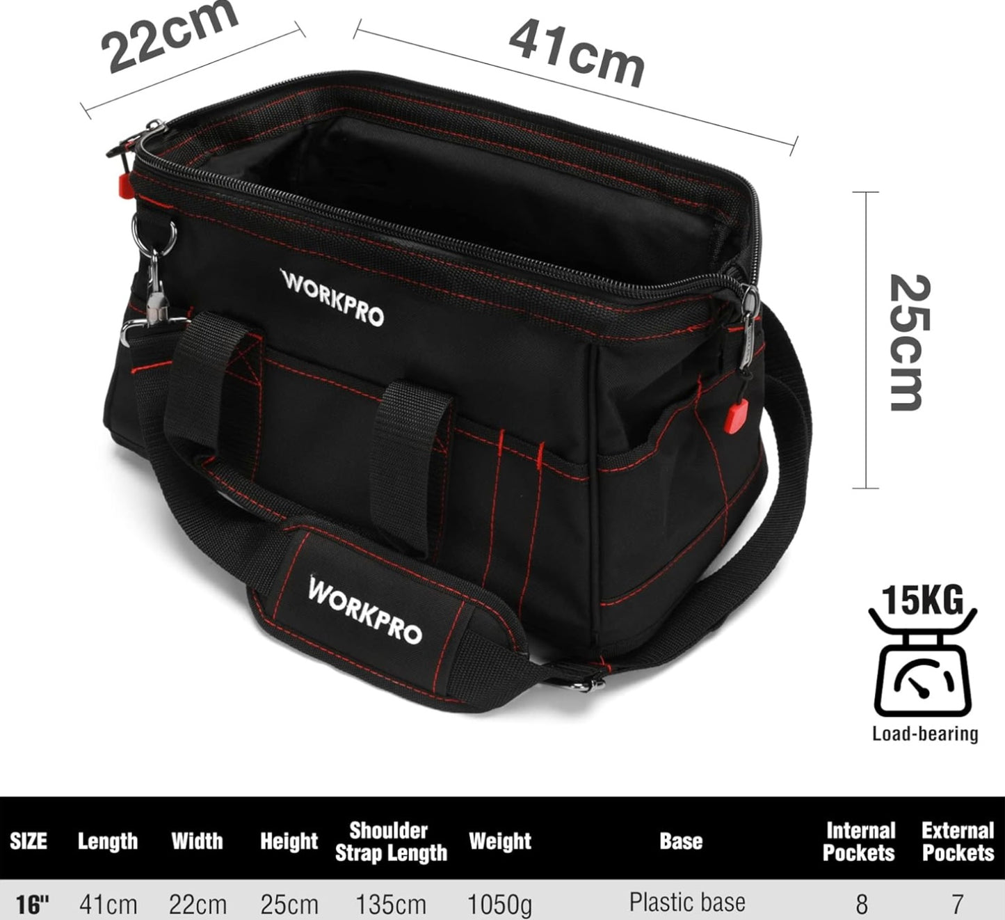 WORKPRO 16” Close Top Wide Mouth Tool Storage Bag w/ Water Proof Rubber Base