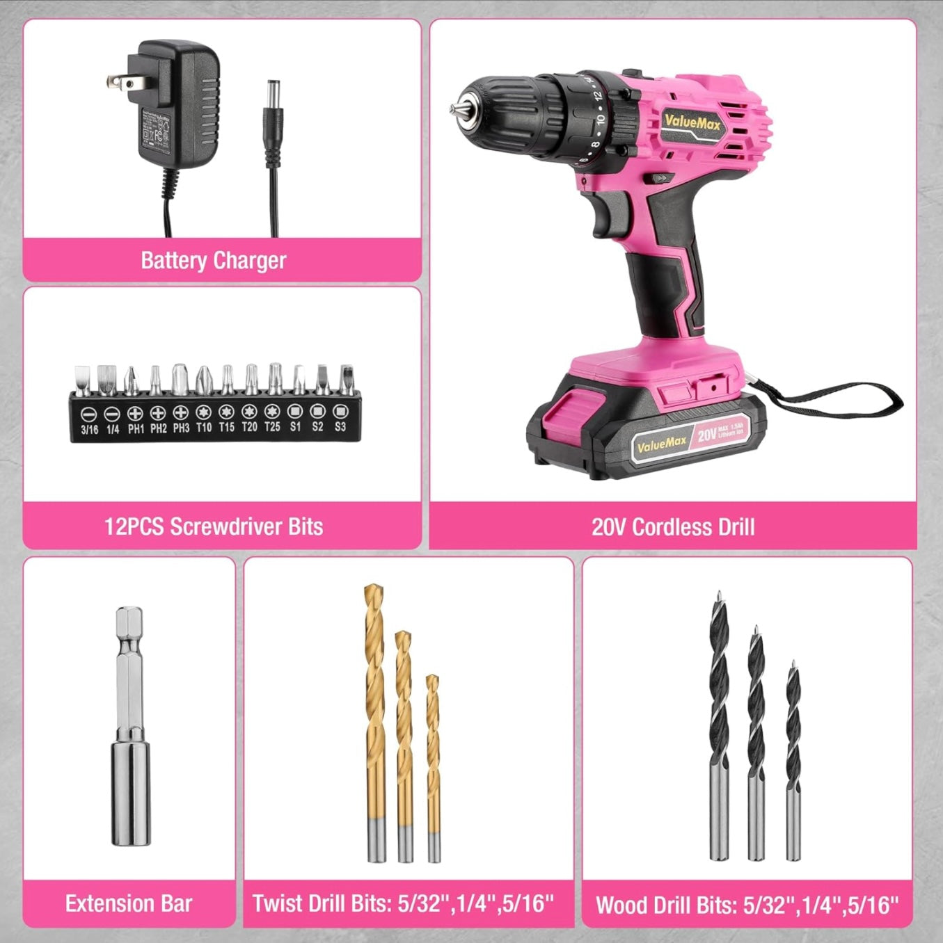 ValueMax 20V Pink Cordless Drill Set w/ Bits, LED Light, Magnetic Holder, 3/8-Inch Keyless Chuck, Battery, Charger
