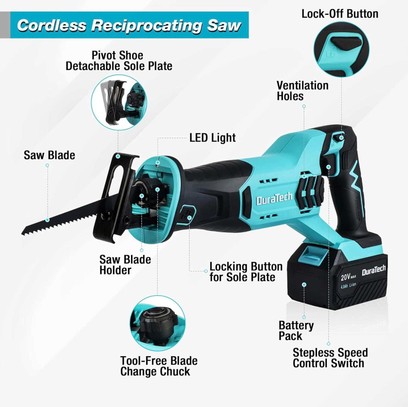 DURATECH 20V Cordless Reciprocating Saw w/ 4.0Ah Li-Ion Battery, Charger, 4 Blades