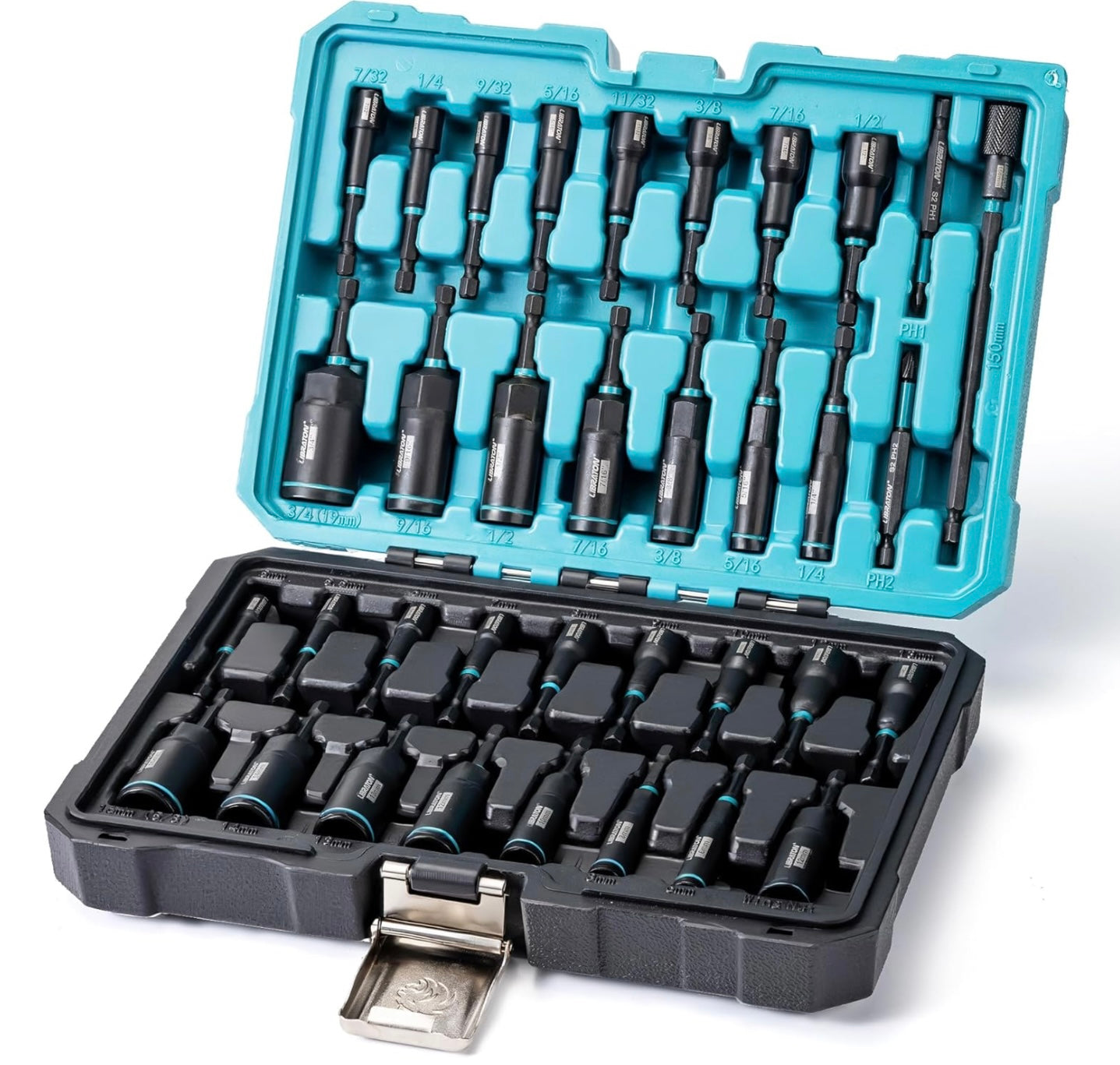 LIBRATON 35Pc Magnetic Nut Driver Set- Metric & SAE w/ Wing Nut Driver, Bit Holder, Drill Bit PH1 & PH2, Toolbox