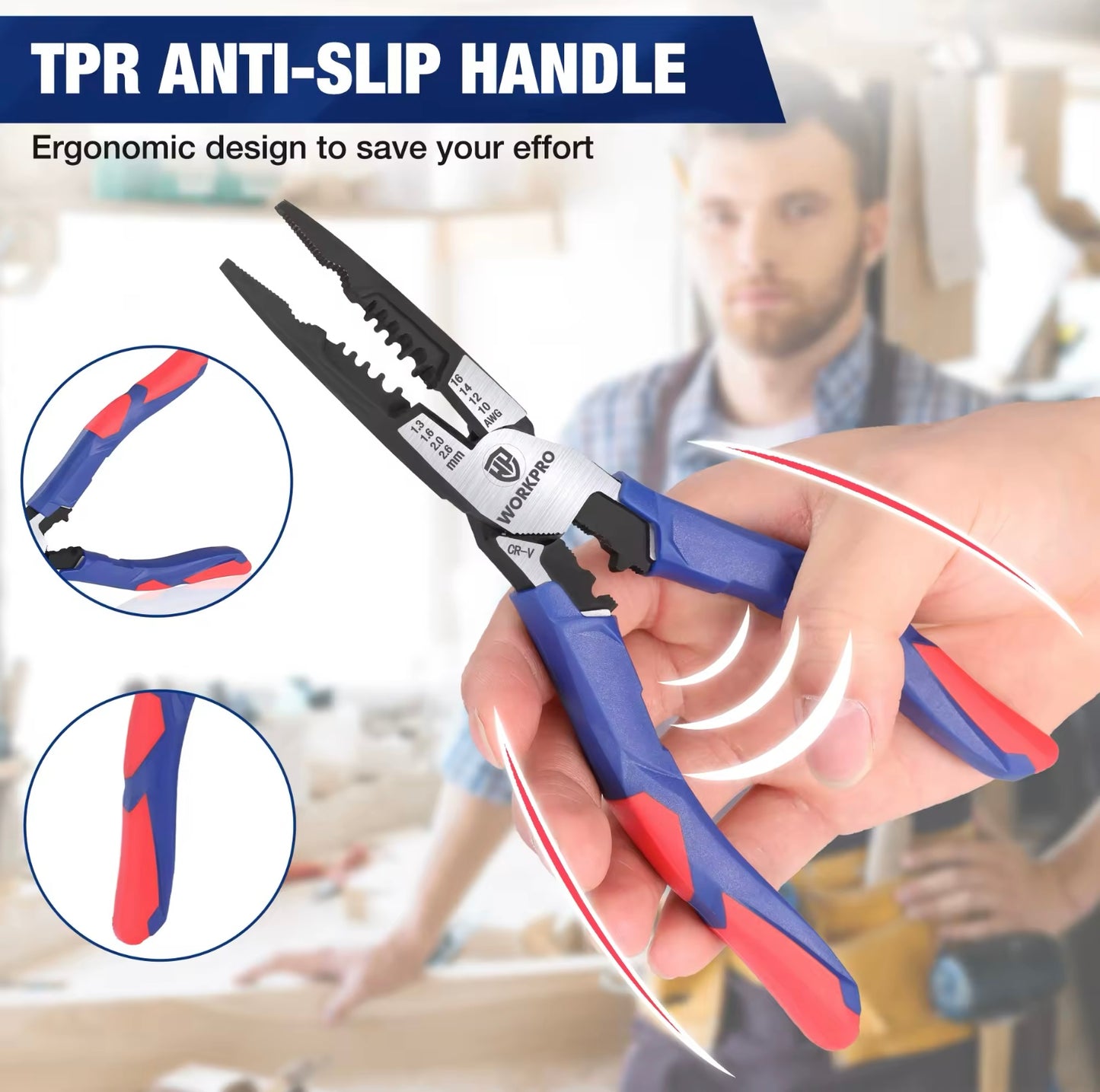 WORKPRO 8” Multifunctional Long Nose Pliers w/ Wire Cutter, Stripper, Crimper