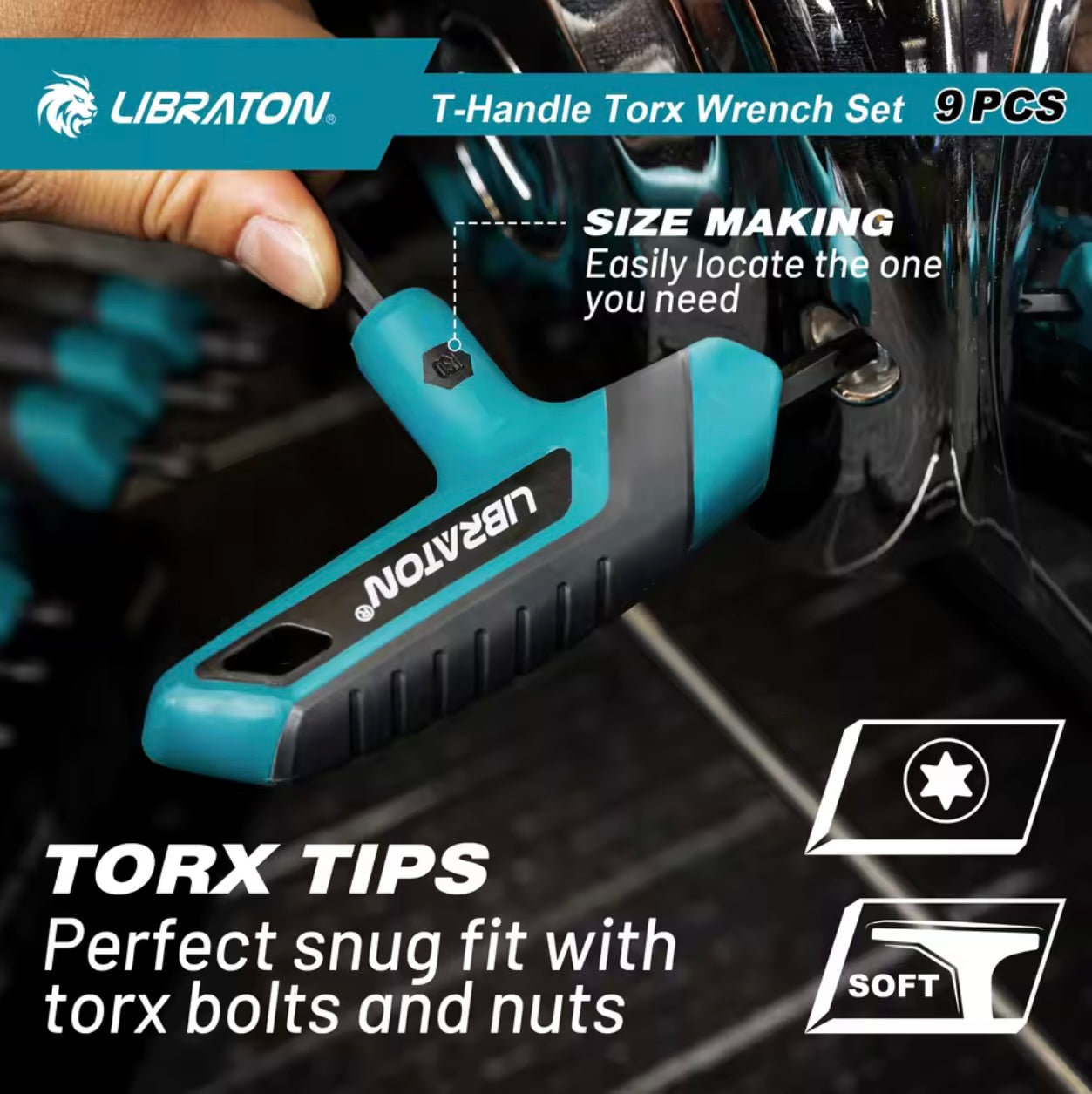 LIBRATON 9PC T-Handle Torx Wrench Set w/ Storage Rack, Two-Tip Design
