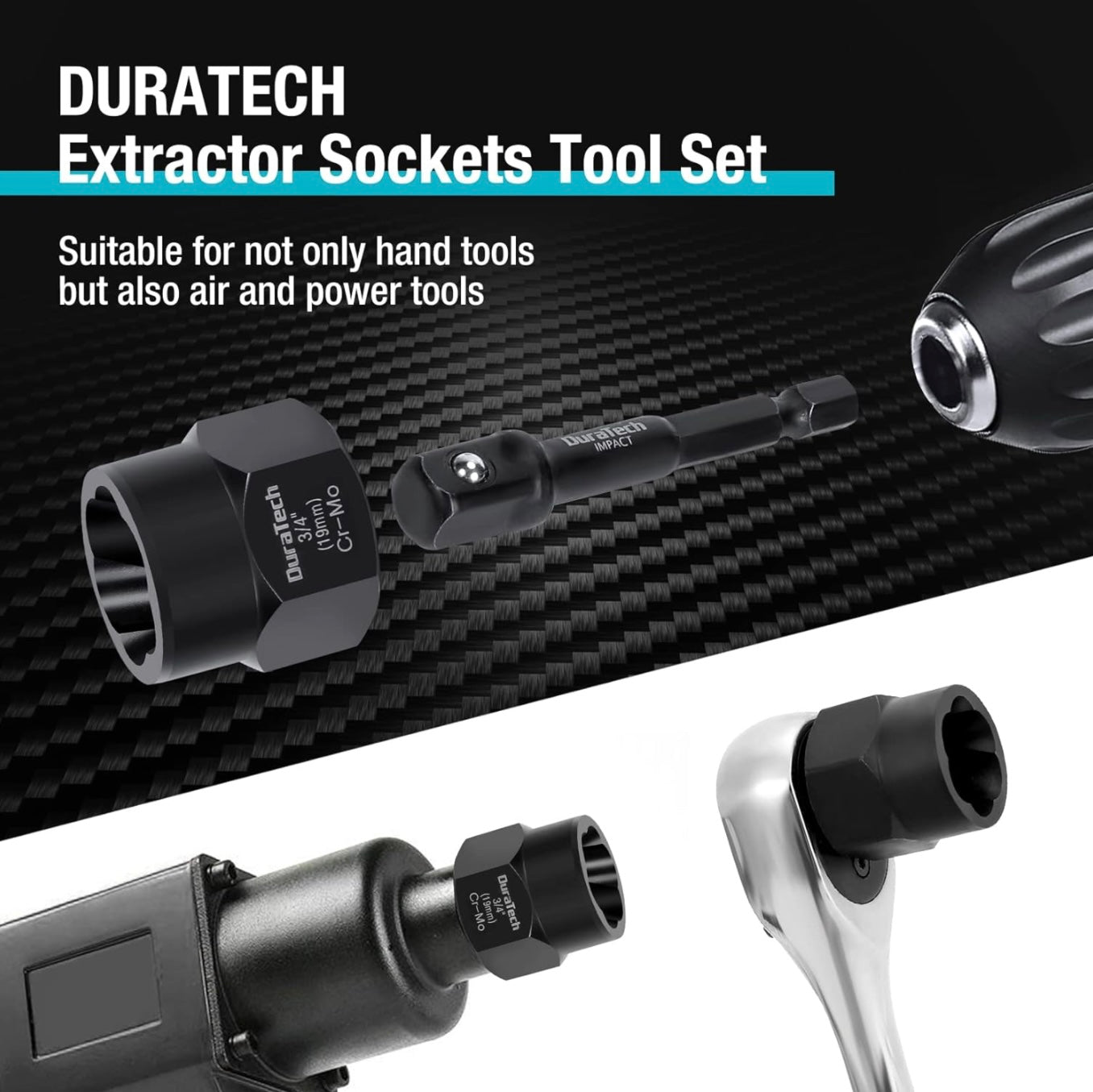 DURATECH 15PC 3/8” Drive Impact Bolt & Nut Remover Set w/ 2 Hex Adapters, Storage Box, SAE & Metric
