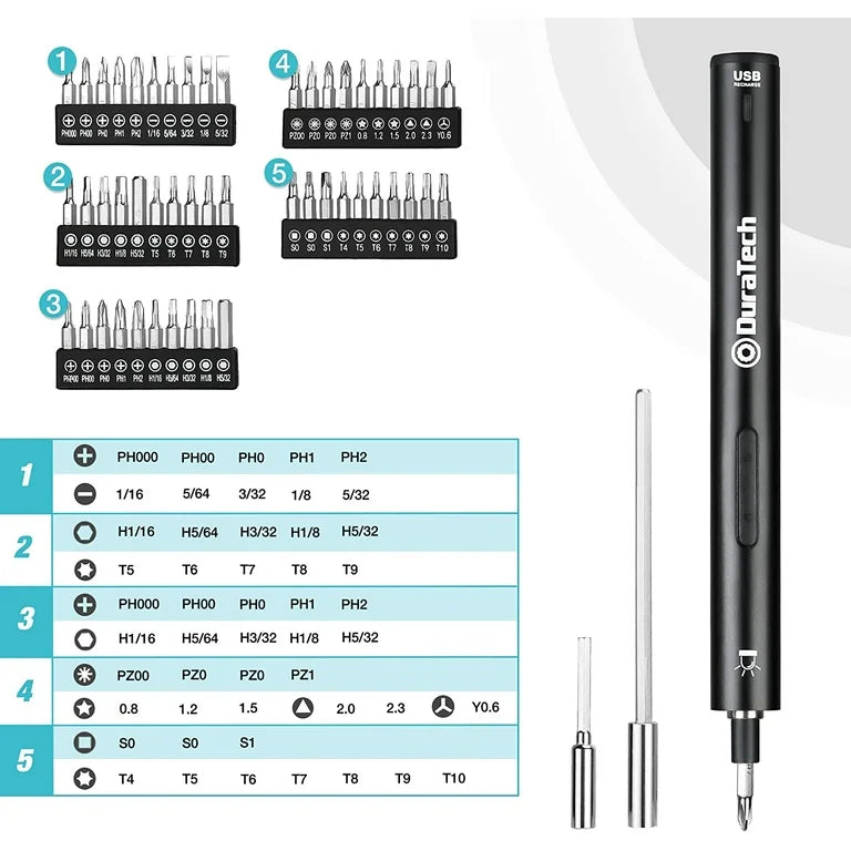 DURATECH 55PC Precision Electric Screwdriver Set w/ 51 Piece S2 Steel Bits, LED Work Light, Storage Box, Bit Holders, USB Type-B Cable