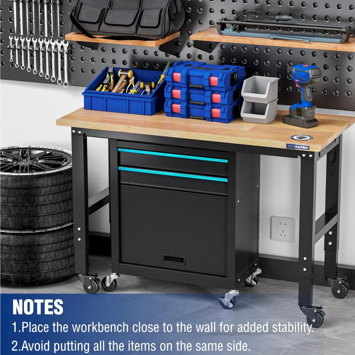 WORKPRO 48"X22" Adjustable Heavy-Duty Workbench w/ Wheels, Rubber Wood Top, Power Outlets, 1000lbs Stationary Load Capacity