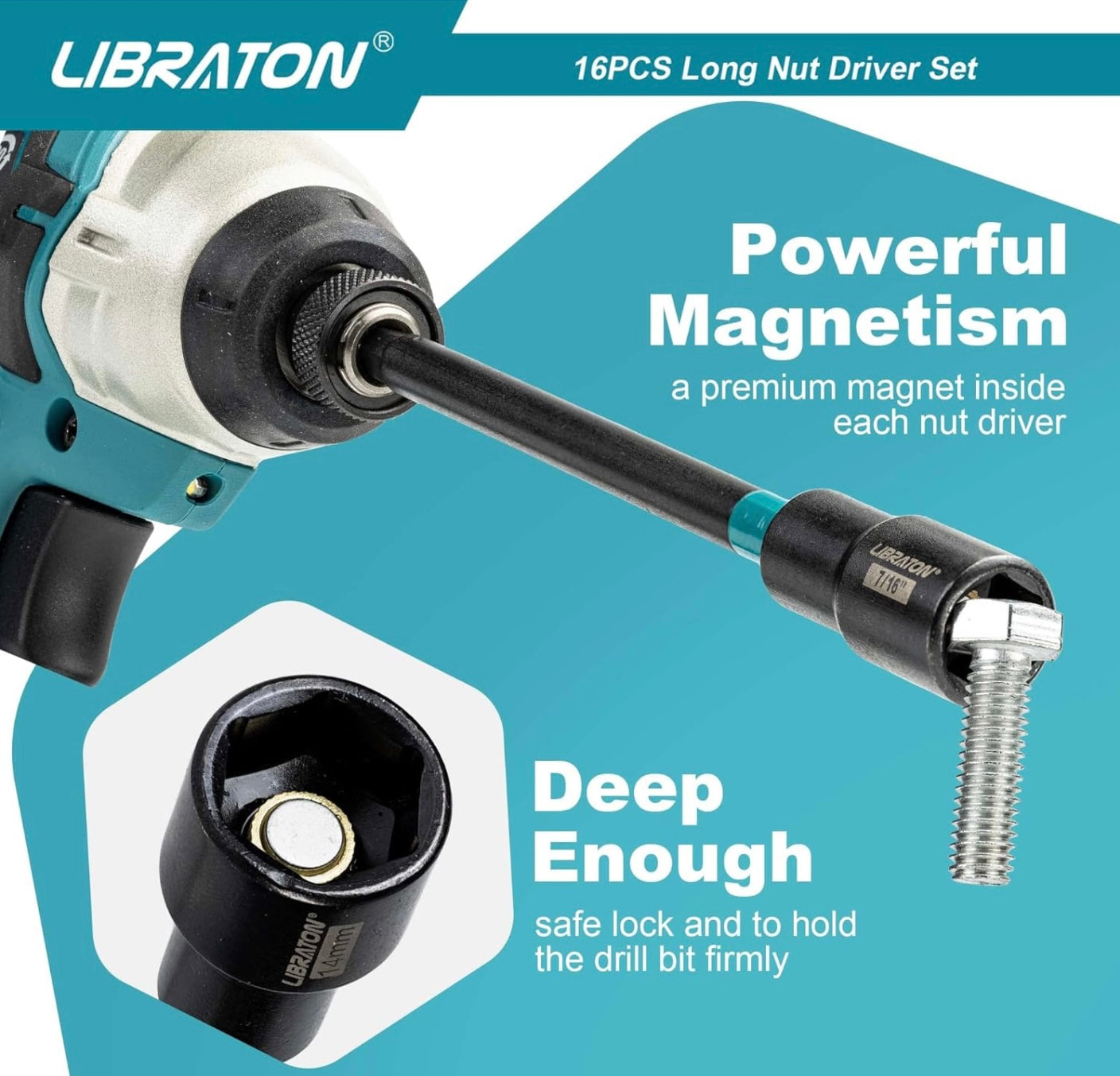 Libraton 16PCS Long Magnetic Nut Driver Set - Metric & SAE w/ Storage Bag + PH1, PH2 Bits
