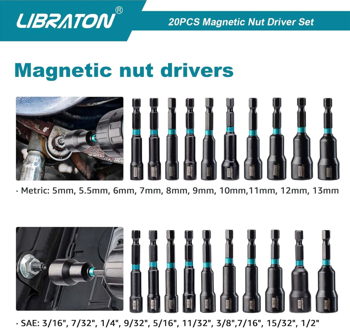 Libraton 20PC 1/4” Magnetic Nut Driver Set, Metric and SAE, w/ Storage Bag