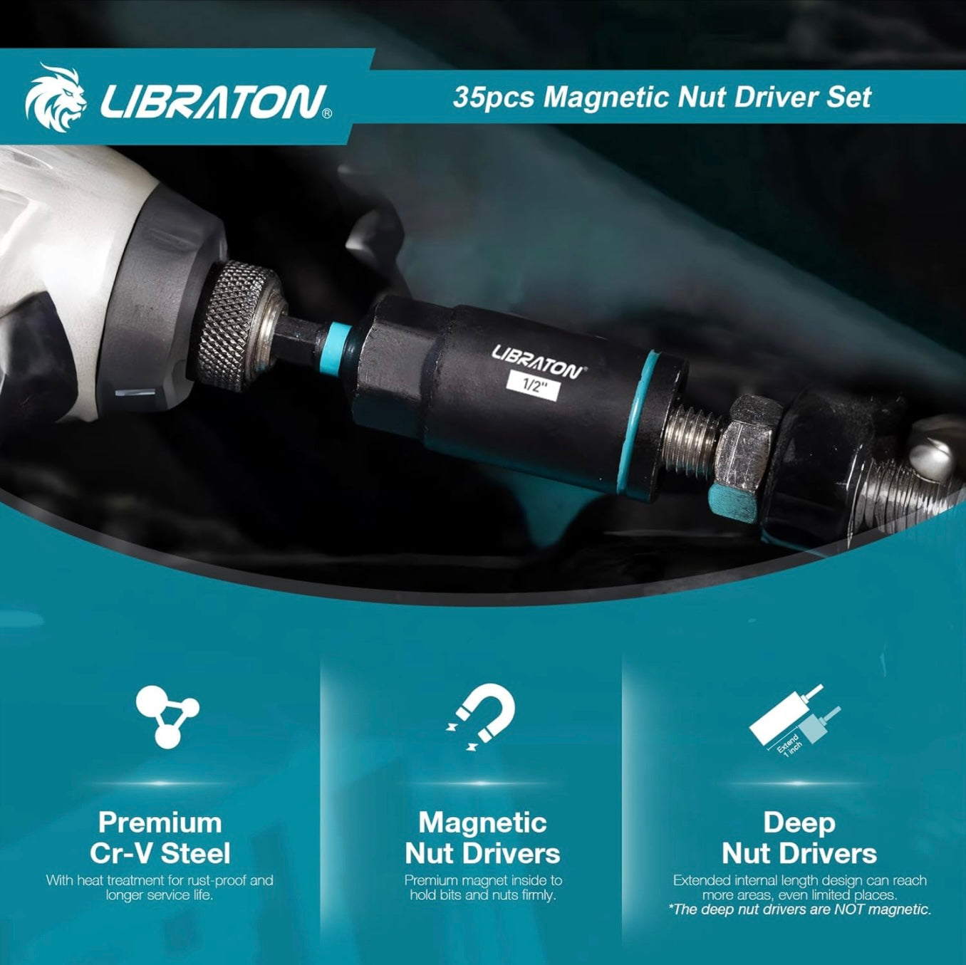 LIBRATON 35Pc Magnetic Nut Driver Set- Metric & SAE w/ Wing Nut Driver, Bit Holder, Drill Bit PH1 & PH2, Toolbox