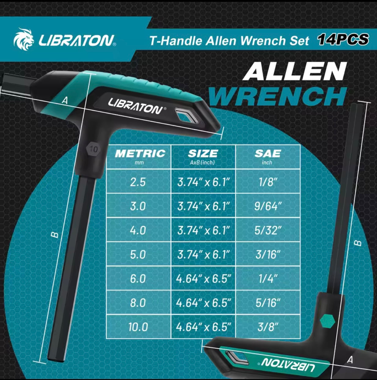 LIBRATON 14PC T-Handle Allen Wrench Set - Metric & SAE w/ Storage Rack, Two-Tip Design