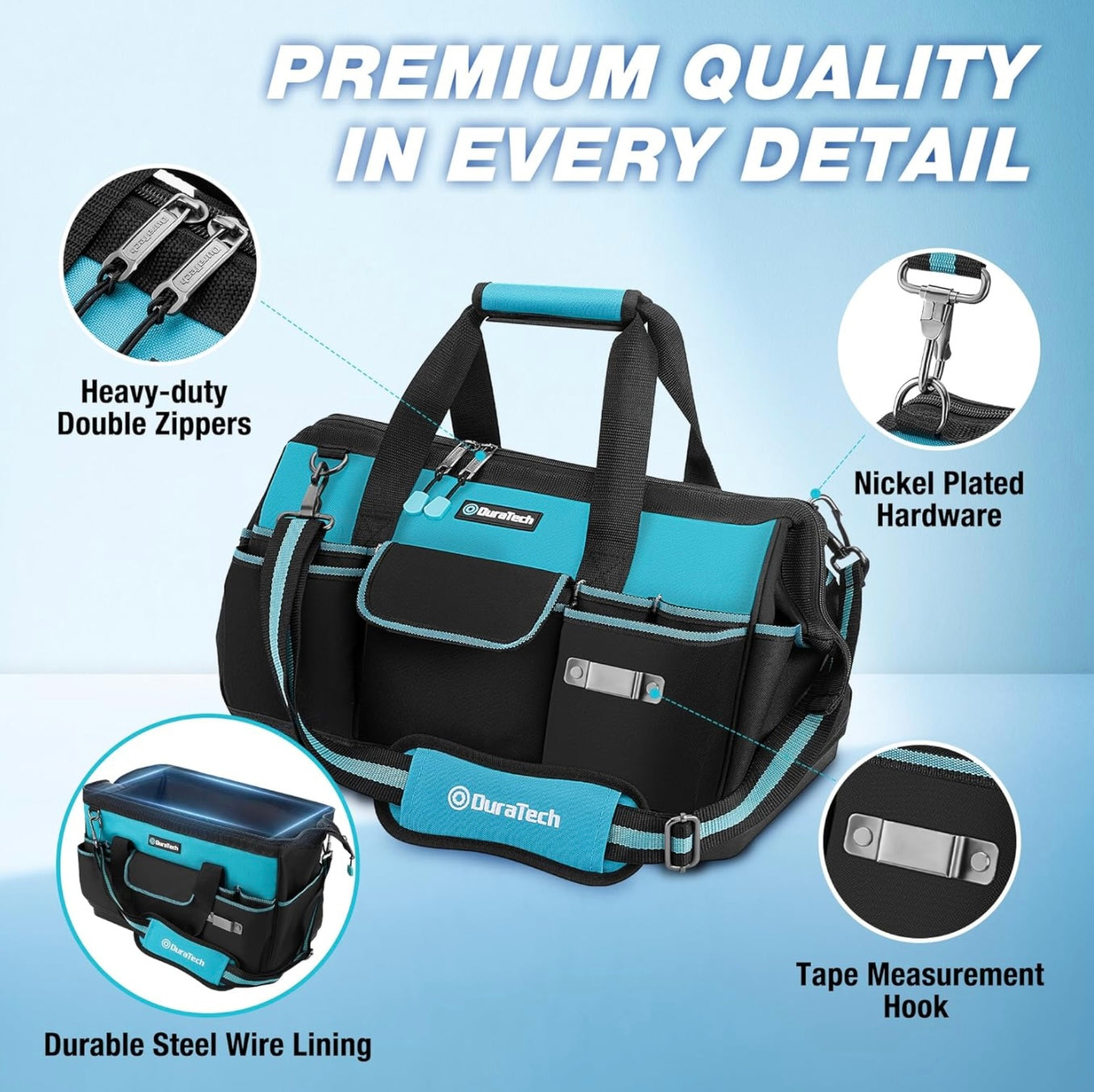 DURATECH 18” Large Tool Bag w/ 19 Pockets, Waterproof Hard Bottom