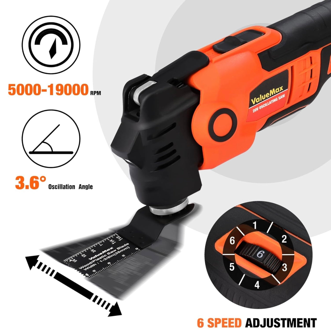 ValueMax 16PC 20V Cordless Oscillating Tool Set w/ Battery, 3.6°Oscillation Angle, 6 Variable Speed, Blades, Carrying Bag