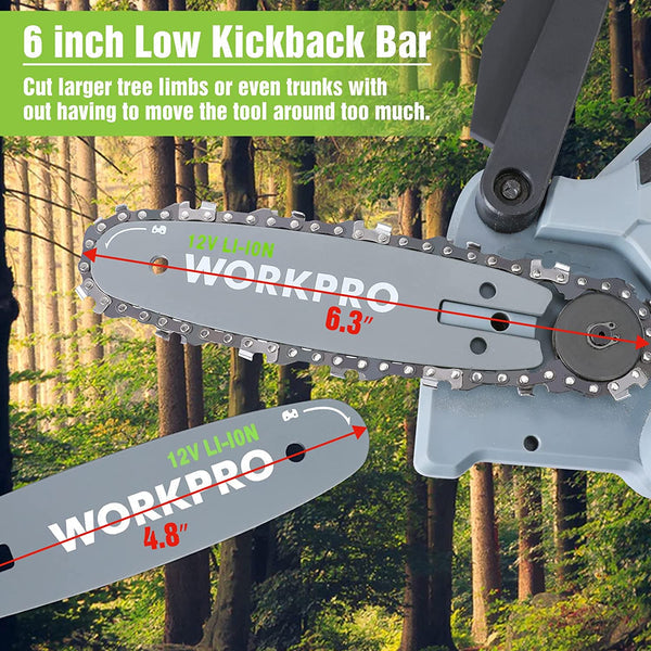 WORKPRO 6.3“ Cordless Electric Compact Chain Saw w/ 2 Batteries, Replacement Guide Bar, & Chain