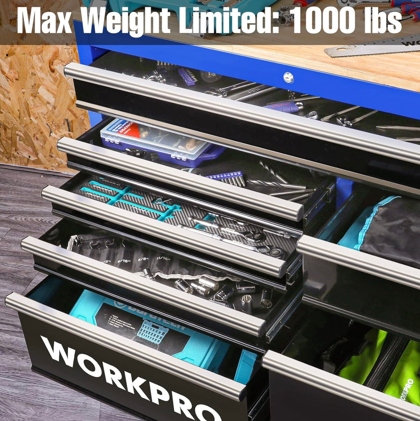 WORKPRO 42” 7-Drawers Rolling Tool Chest w/ Wooden Top, Casters, Handle, Drawer Liner, and Locking System, 1000 lbs Load Capacity