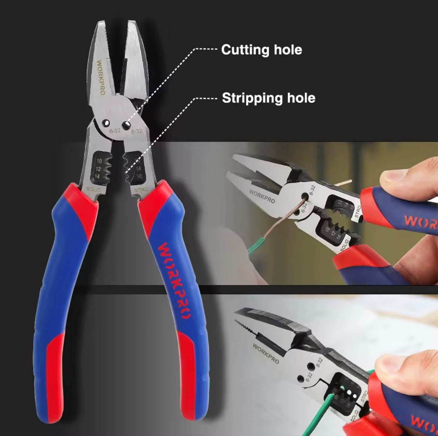 WORKPRO 8” Multi-Combination Pliers w/ Wire Cutter, Stripper, Crimper