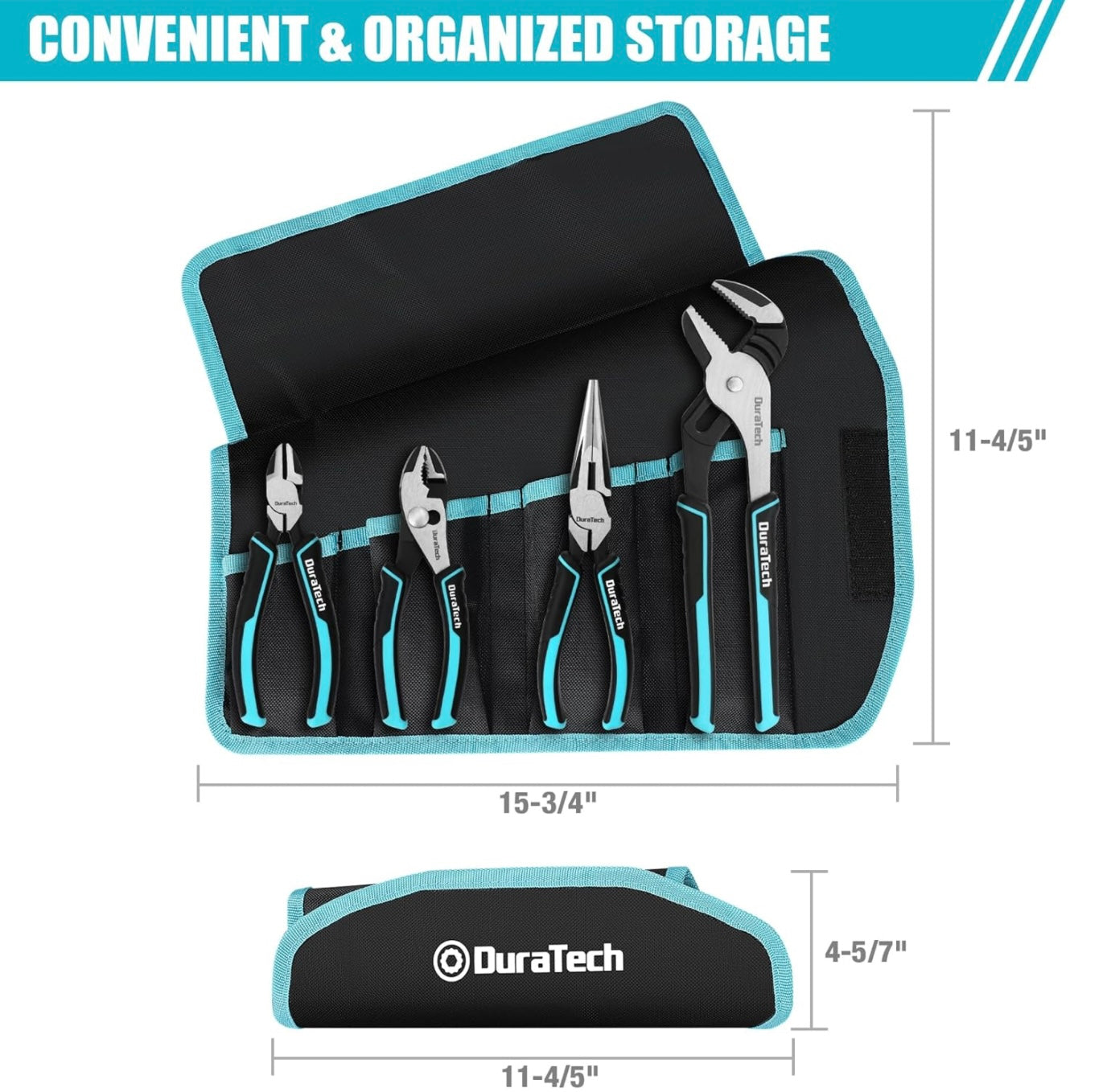 DURATECH 4PC Pliers Set w/ Rolling Pouch (10" Groove Joint Pliers, 8" Long Needle Nose, 6" Slip Joint, 6" Diagonal)