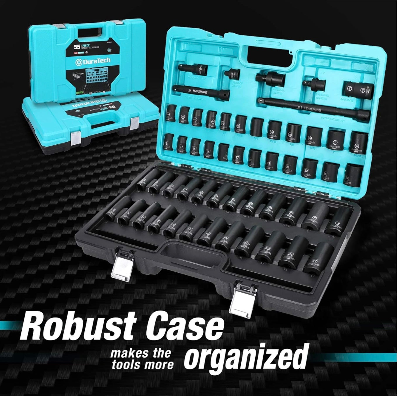 DURATECH 55PC 1/2” Drive SAE&Metric Socket Set w/ Extension Bars, Flip Socket, Adapters