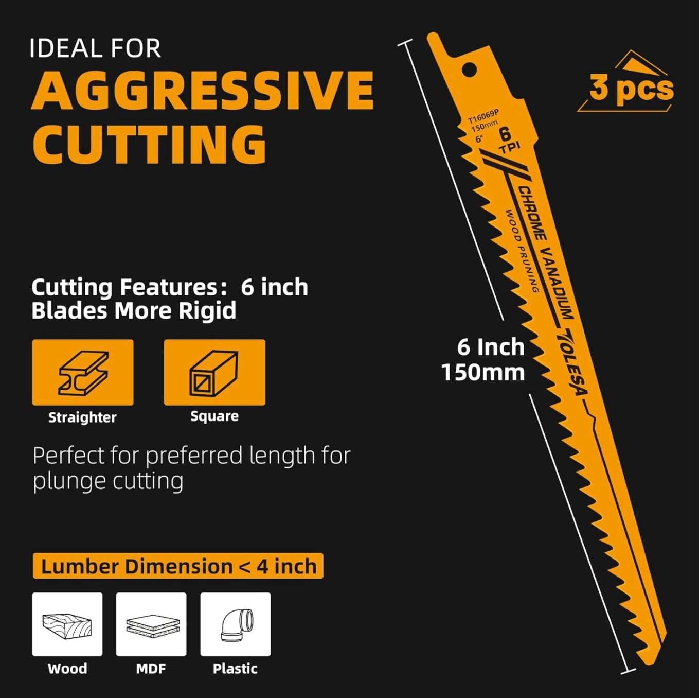TOLESA 10PC 6” + 9” Metal/Woodcutting 5, 6, 14TPI Reciprocating Saw Blades