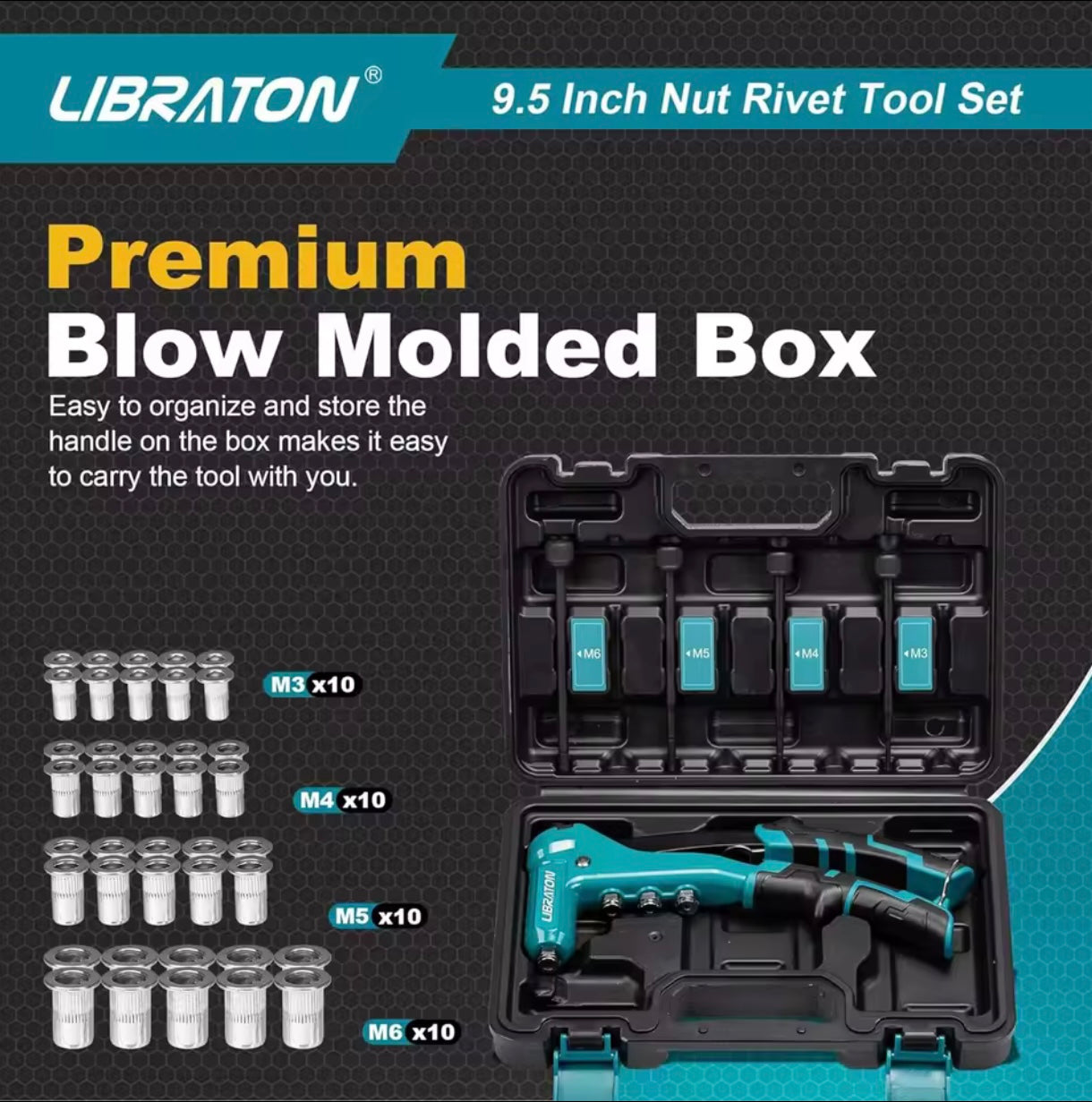 LIBRATON 9.5” One-Handed Rivet Nut Tool Set w/ 4 Interchangeable Mandrels