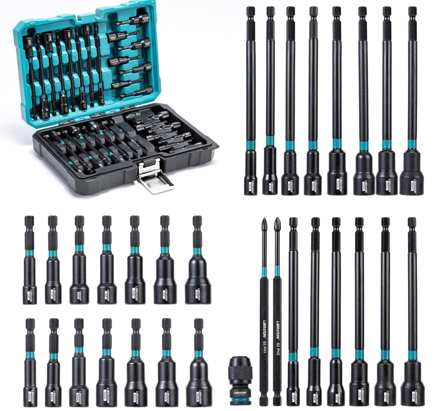 LIBRATON 31PCS 1/4” Magnetic Nut Driver Set - Metric & SAE w/ Impact to Hex Converter, PH1, PH2, Storage Box