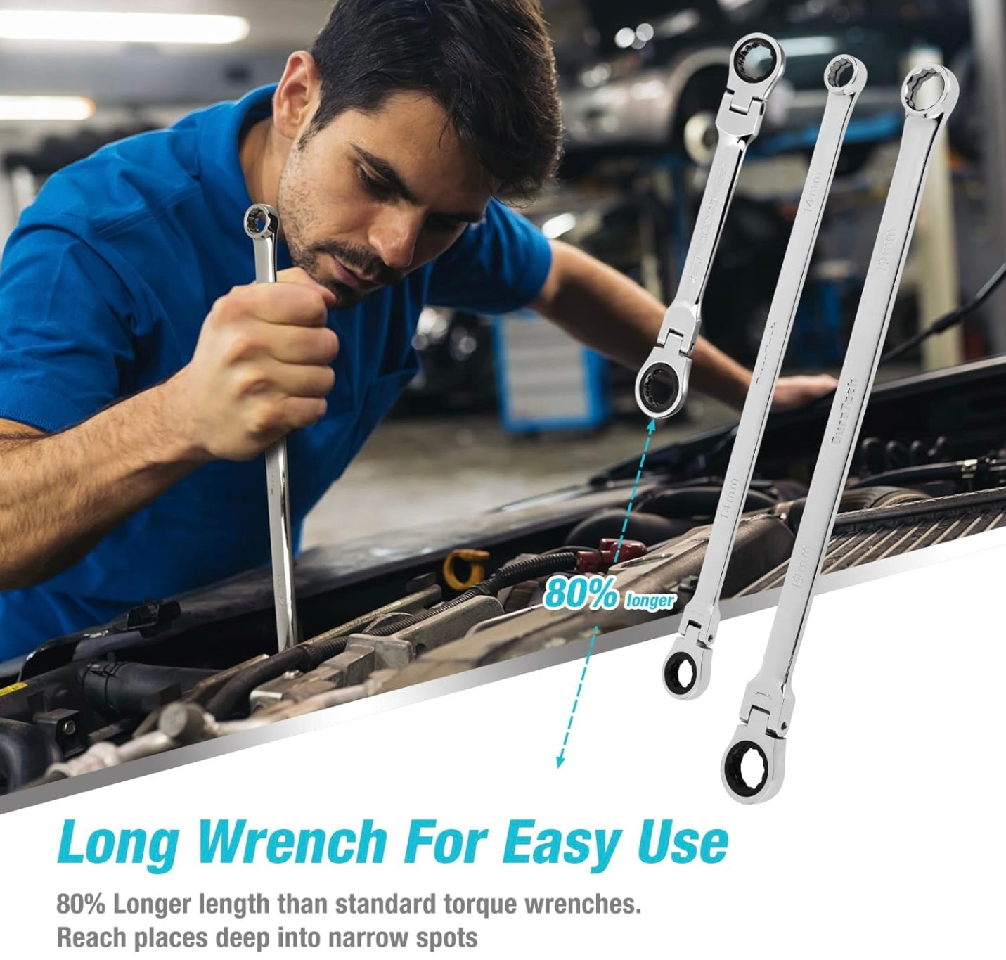 DURATECH 27PC Extra Long Flex Head Double Box End Ratcheting Wrench Set w/ Replacement Heads, Adapers