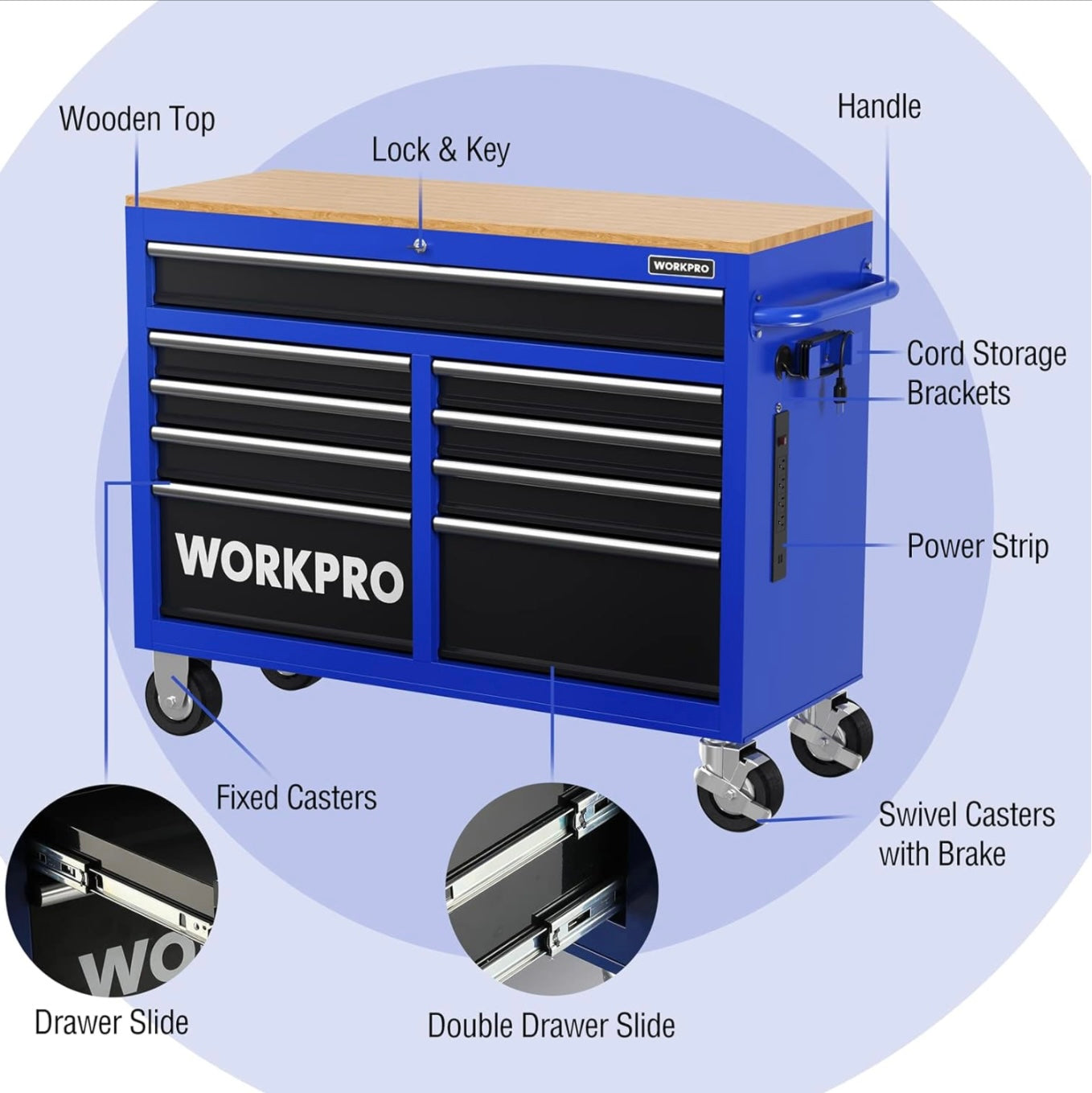 WORKPRO 46” 9-Drawers Rolling Tool Chest w/ Wooden Top, Casters, Handle, Drawer Liner, and Locking System, 1200 lbs Load Capacity