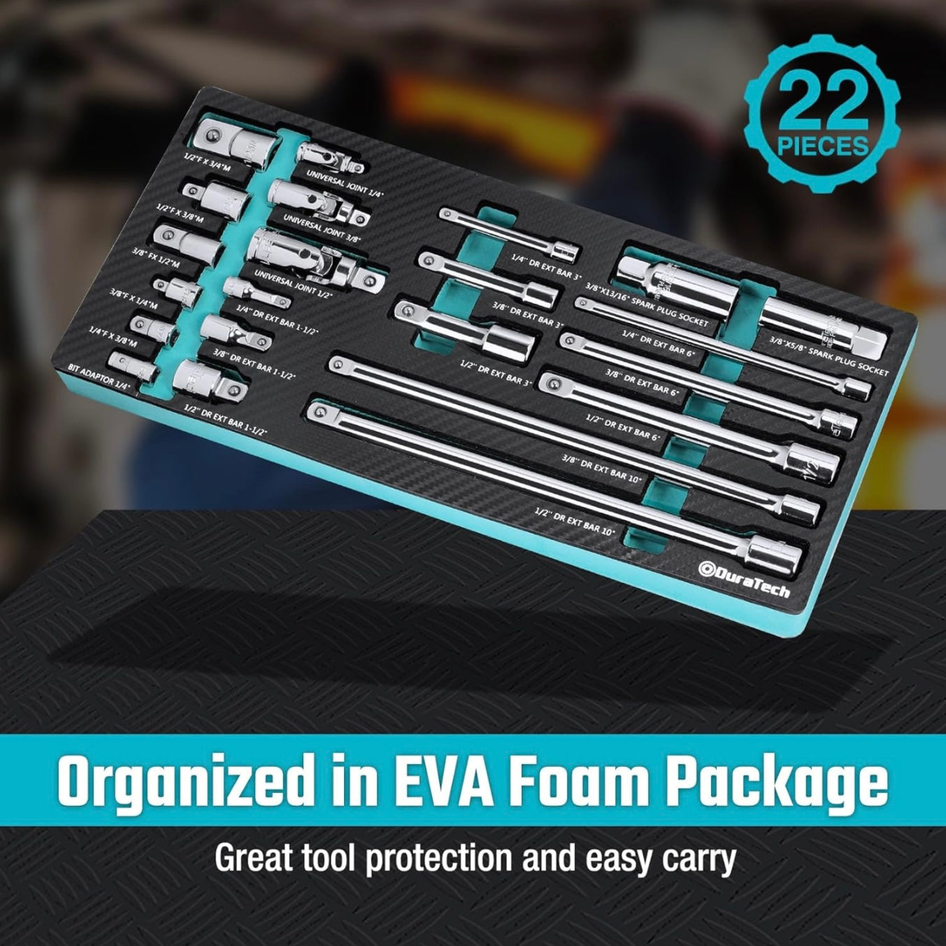 DURATECH 22PC Drive Tool Accessory Set w/ Extension Bars, Socket Adapters, Universal Joints, Spark Plug Sockets, EVA Foam Package