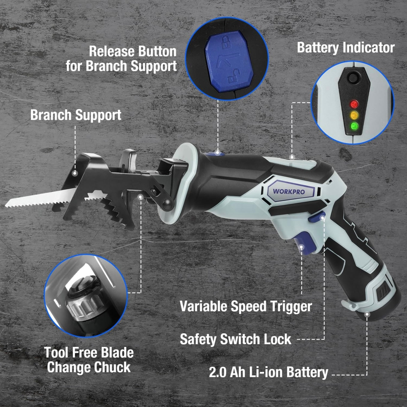 WORKPRO 12V Cordless Reciprocating Saw W/ Clamping Jaw + Charger & 3 Blades