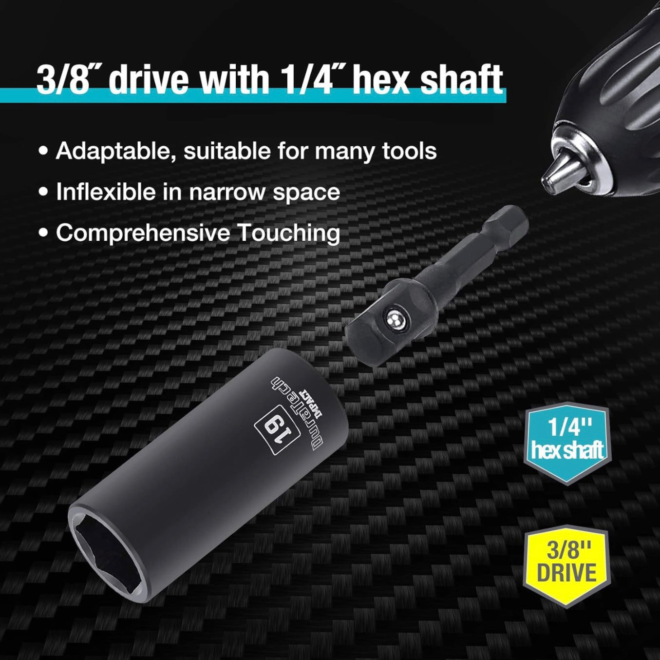 DURATECH 10PC 3/8" Drive SAE Deep Impact Socket Set, (5/16", 3/8", 7/16", 1/2", 9/16", 5/8", 11/16", 3/4"), 1/4" Hexagon Extension Bars