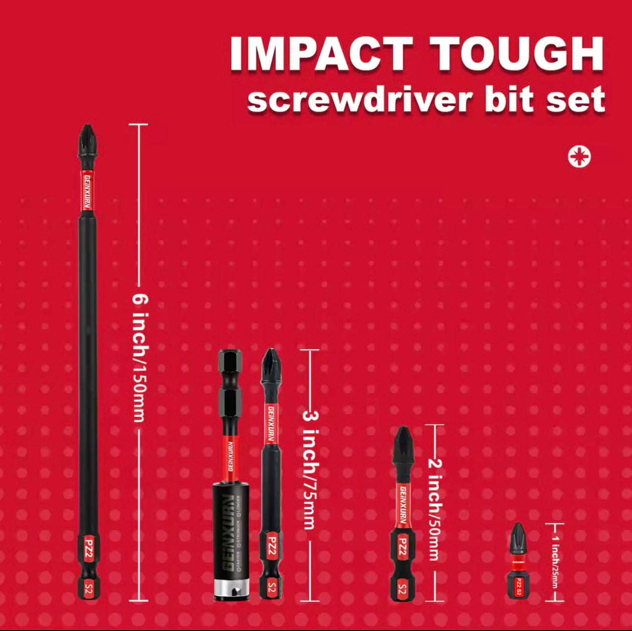 GEINXURN 31PC Impact Driver Bit Set - PZ2 w/ Bit Holder Extension, Organizer Sleeves