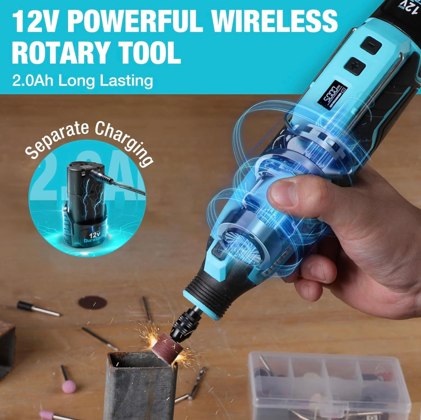 DURATECH 121PC 12V Cordless Rotary Tool Kit w/ 2.0Ah Rechargeable Battery, 118PC Accessories for Grinding, Carving, Polishing, Cutting, Drilling, Sanding, Milling