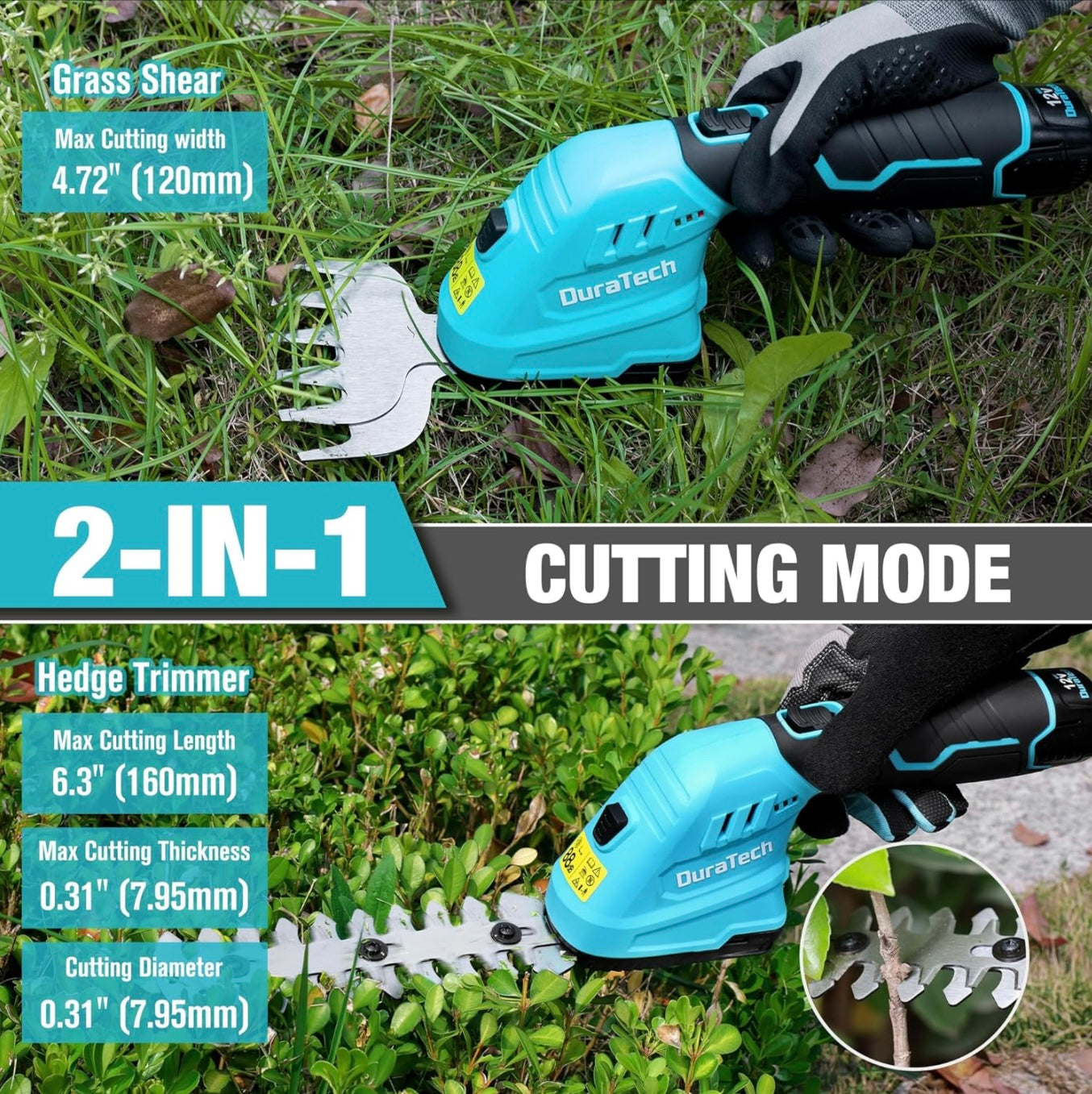 DURATECH 12V 2-in-1 Cordless Hedge Trimmer w/ 2.0Ah Li-Ion Battery, Charger & Storage Bag